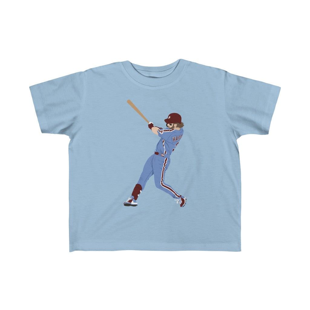 Philadelphia Phillies Bryce Harper bat swing on a light blue kids t-shirt from Phillygoat