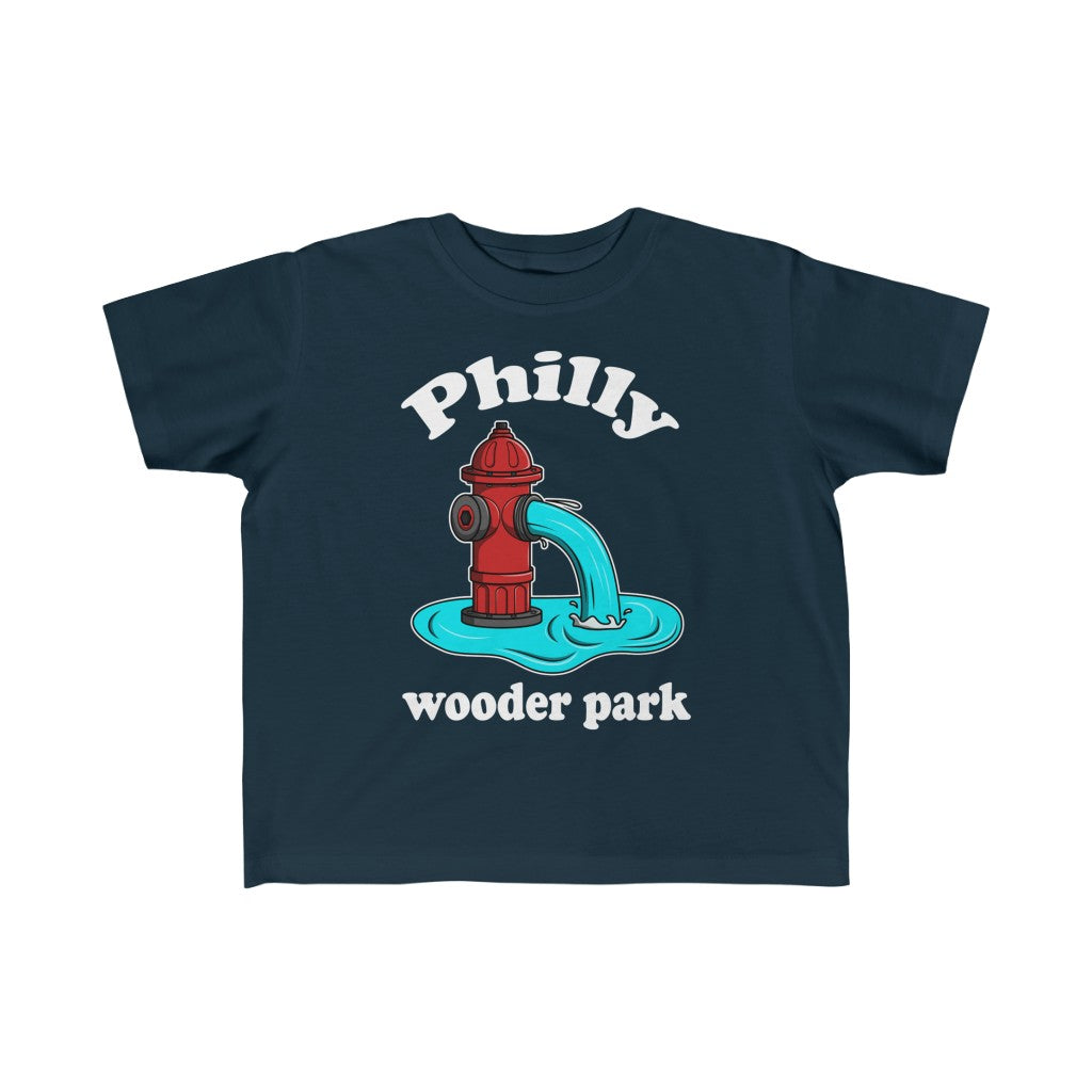 Philadelphia fire hydrant Philly wooder park on a navy blue kids t-shirt from Phillygoat