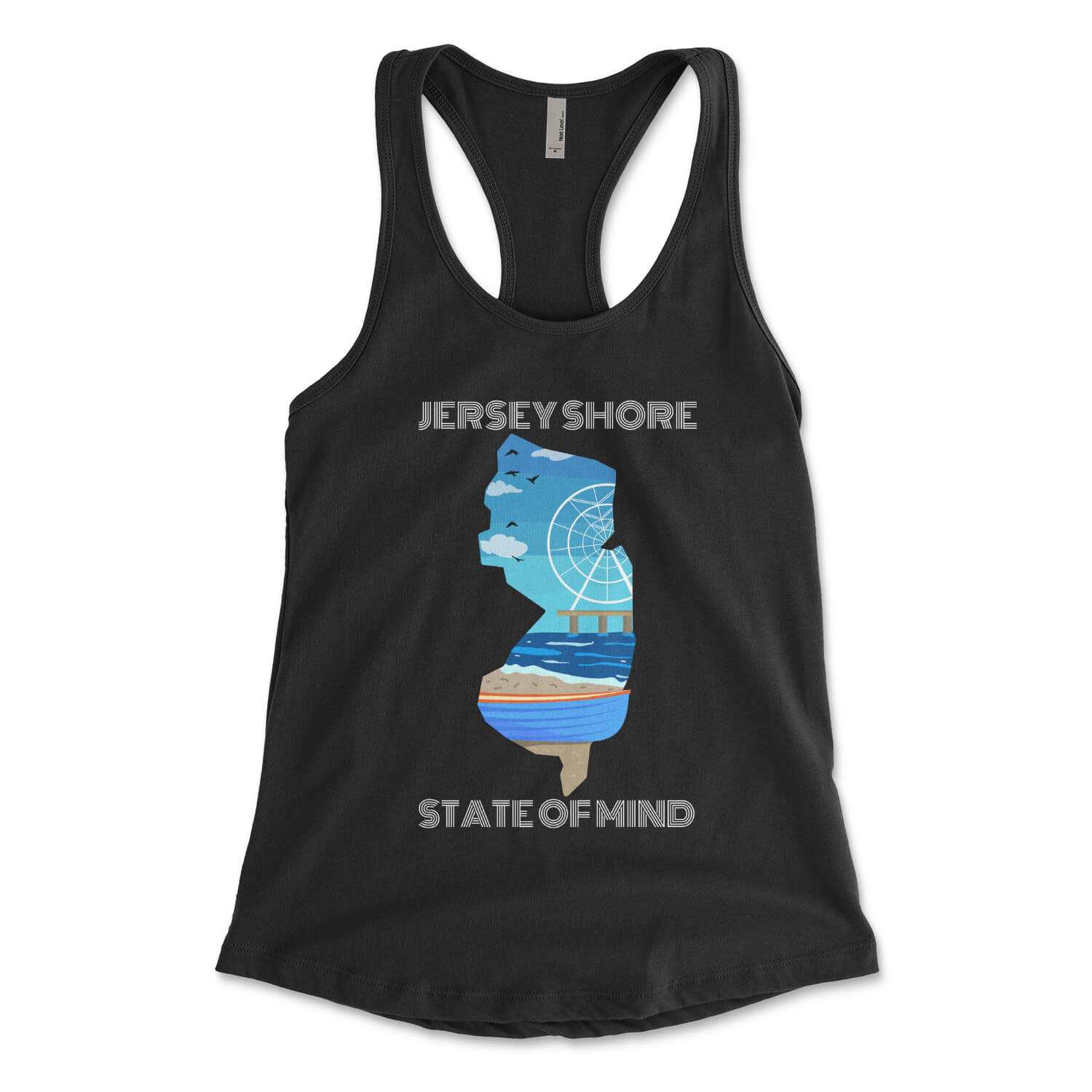 Jersey Shore state of mind black womens racerback tank top from Phillygoat