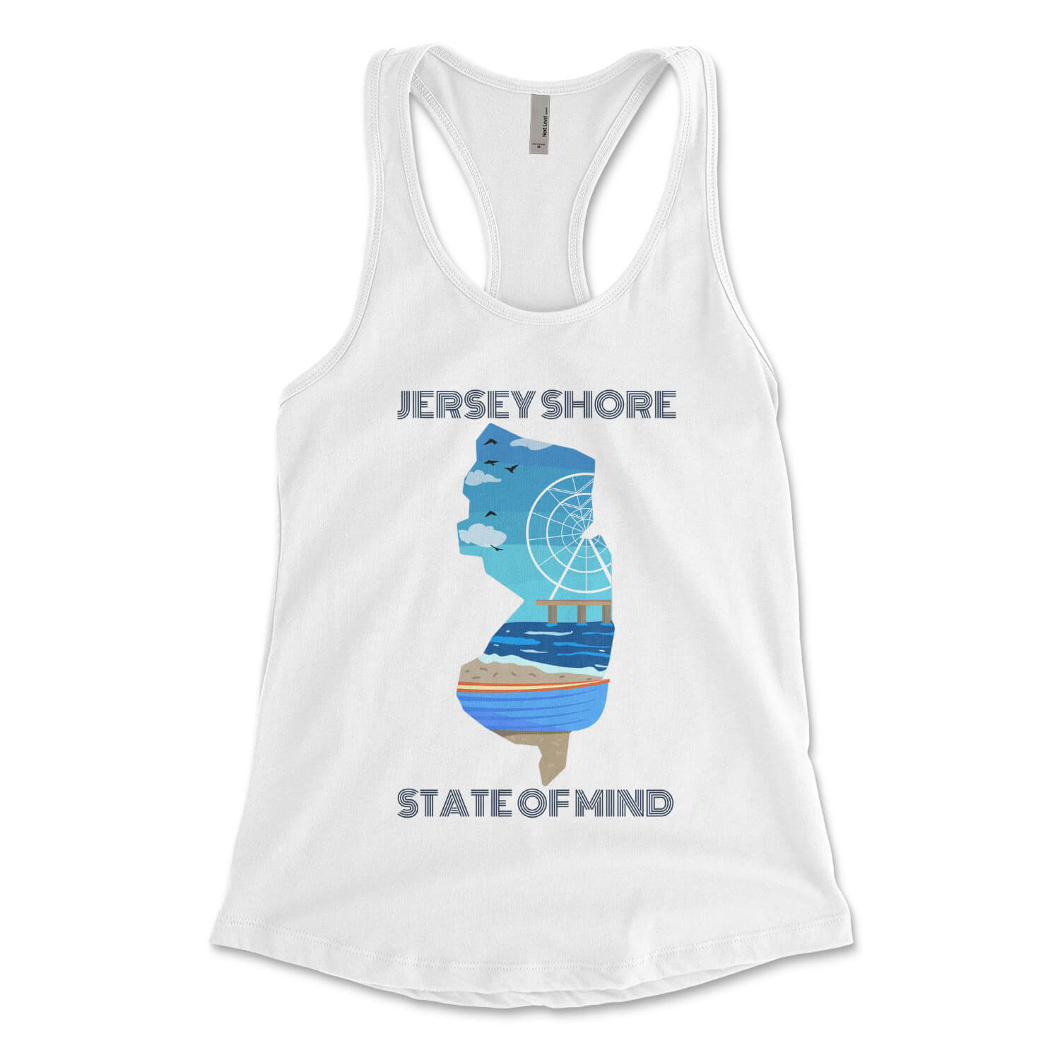 Jersey Shore state of mind white womens racerback tank top from Phillygoat