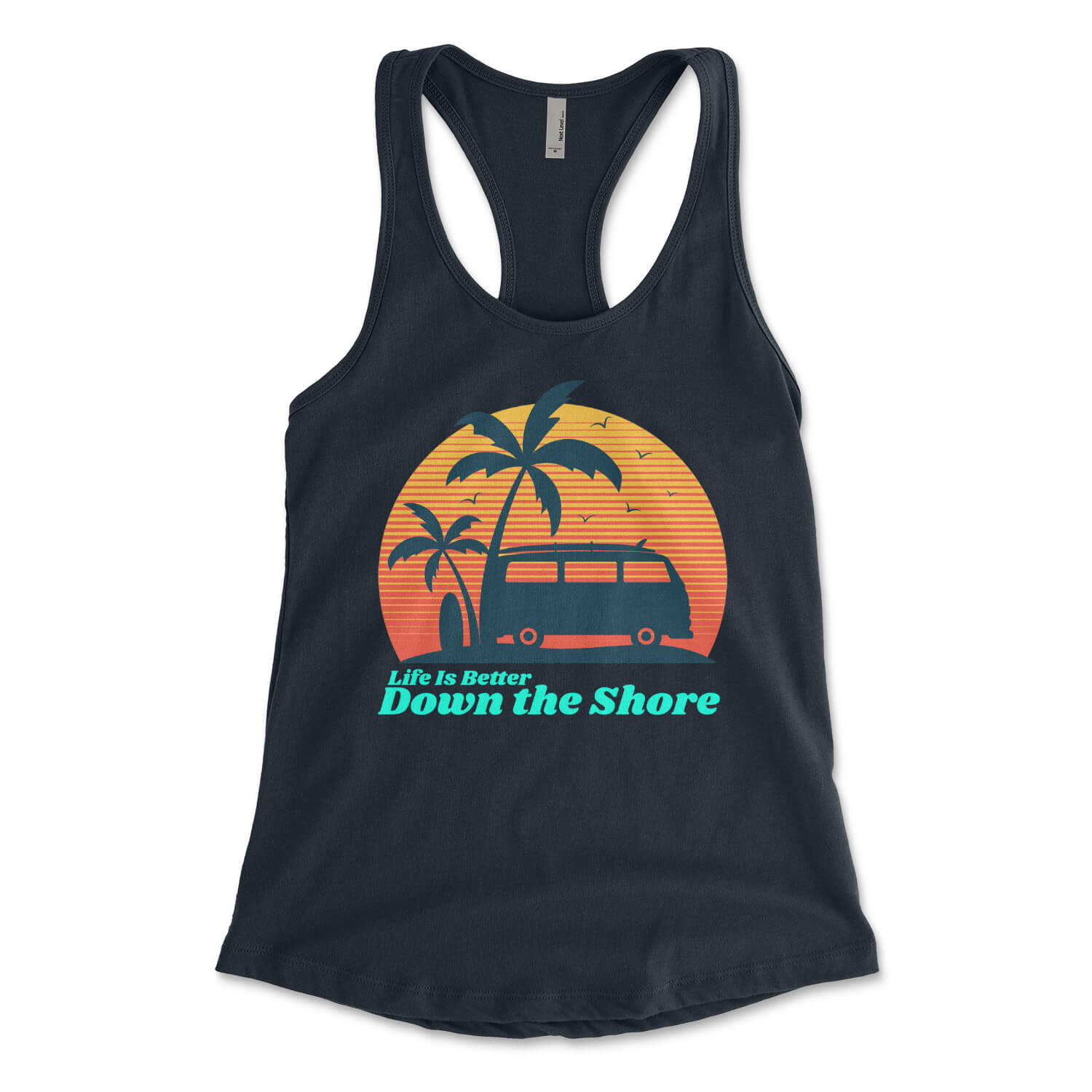 Life is better down the shore Jersey Shore midnight navy blue womens racerback tank top from Phillygoat