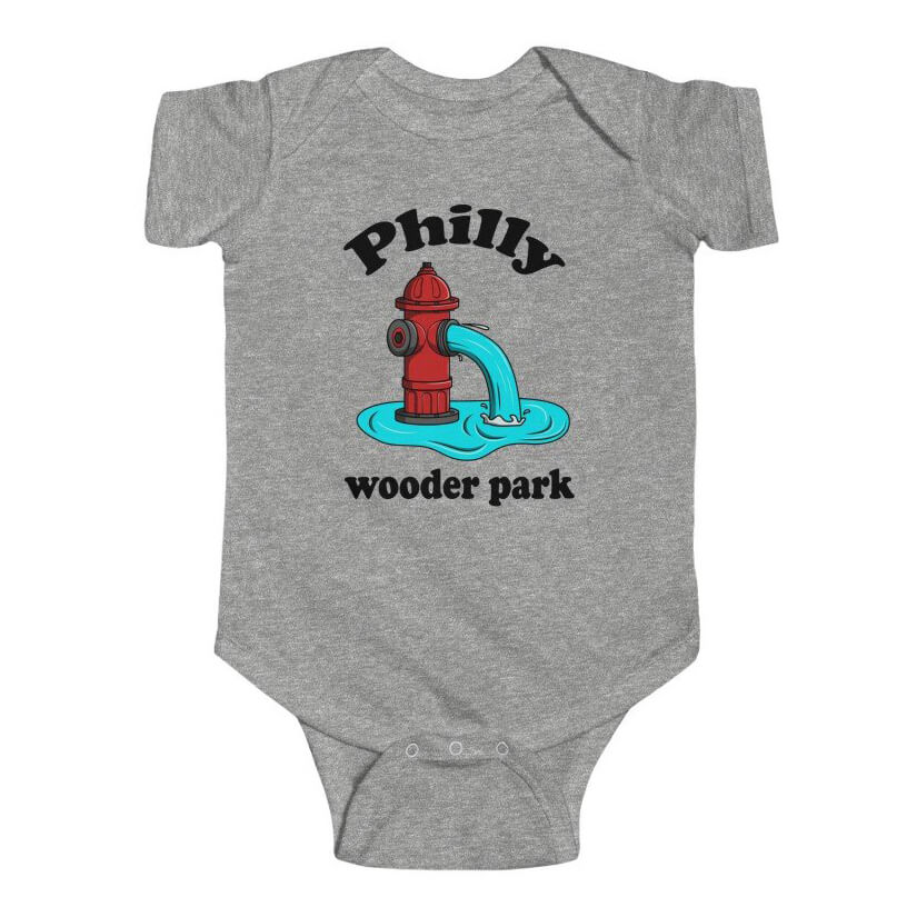 Philadelphia fire hydrant Philly wooder park on a heather grey baby onesie from phillygoat