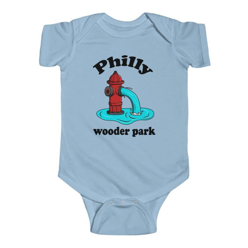 Philadelphia fire hydrant Philly wooder park on a light blue baby onesie from phillygoat