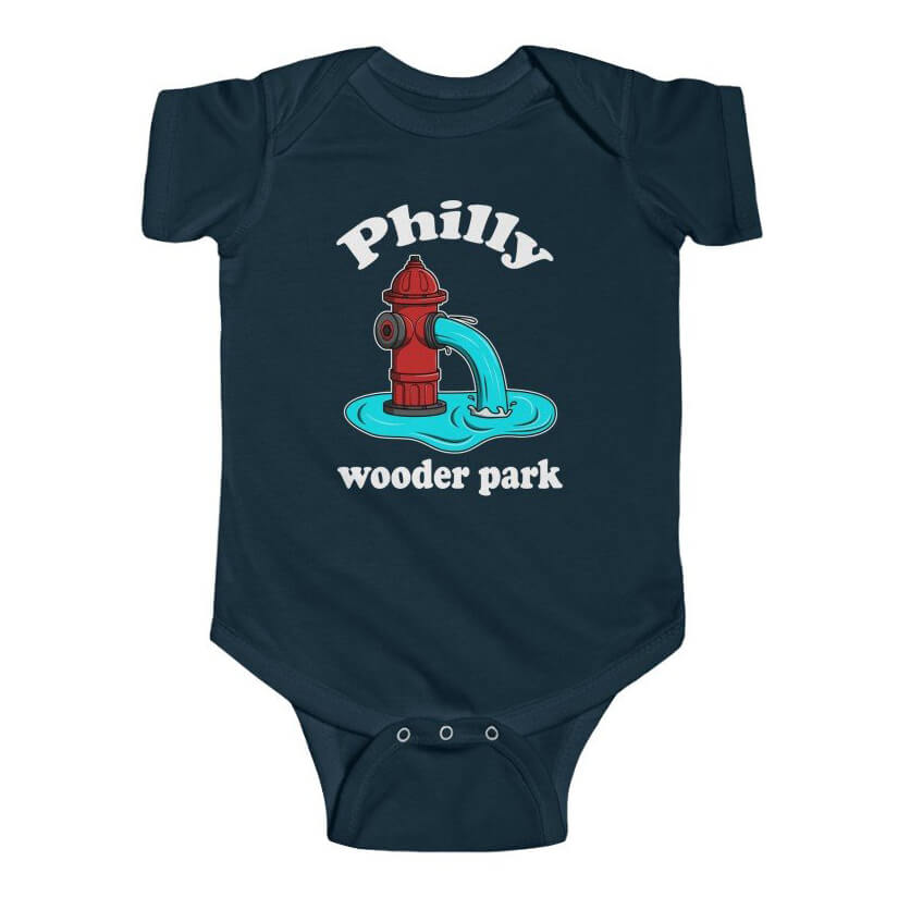 Philadelphia fire hydrant Philly wooder park on a navy blue baby onesie from phillygoat