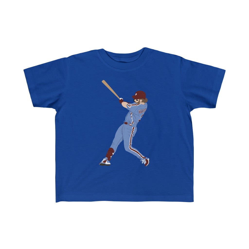 Philadelphia Phillies Bryce Harper bat swing on a royal blue kids t-shirt from Phillygoat