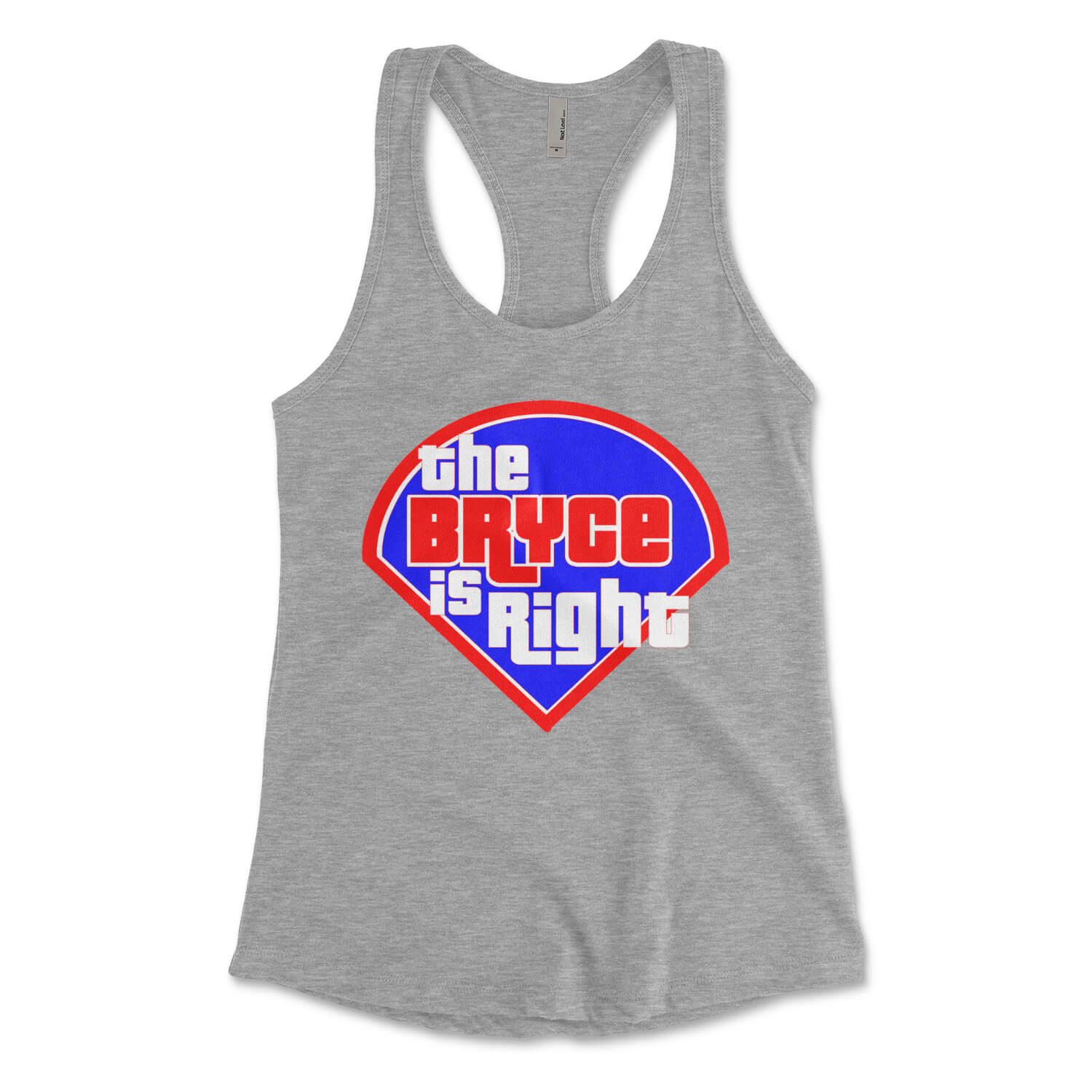 Philadelphia Phillies Bryce Harper the Bryce Is Right womens heather grey racerback tank top from Phillygoat