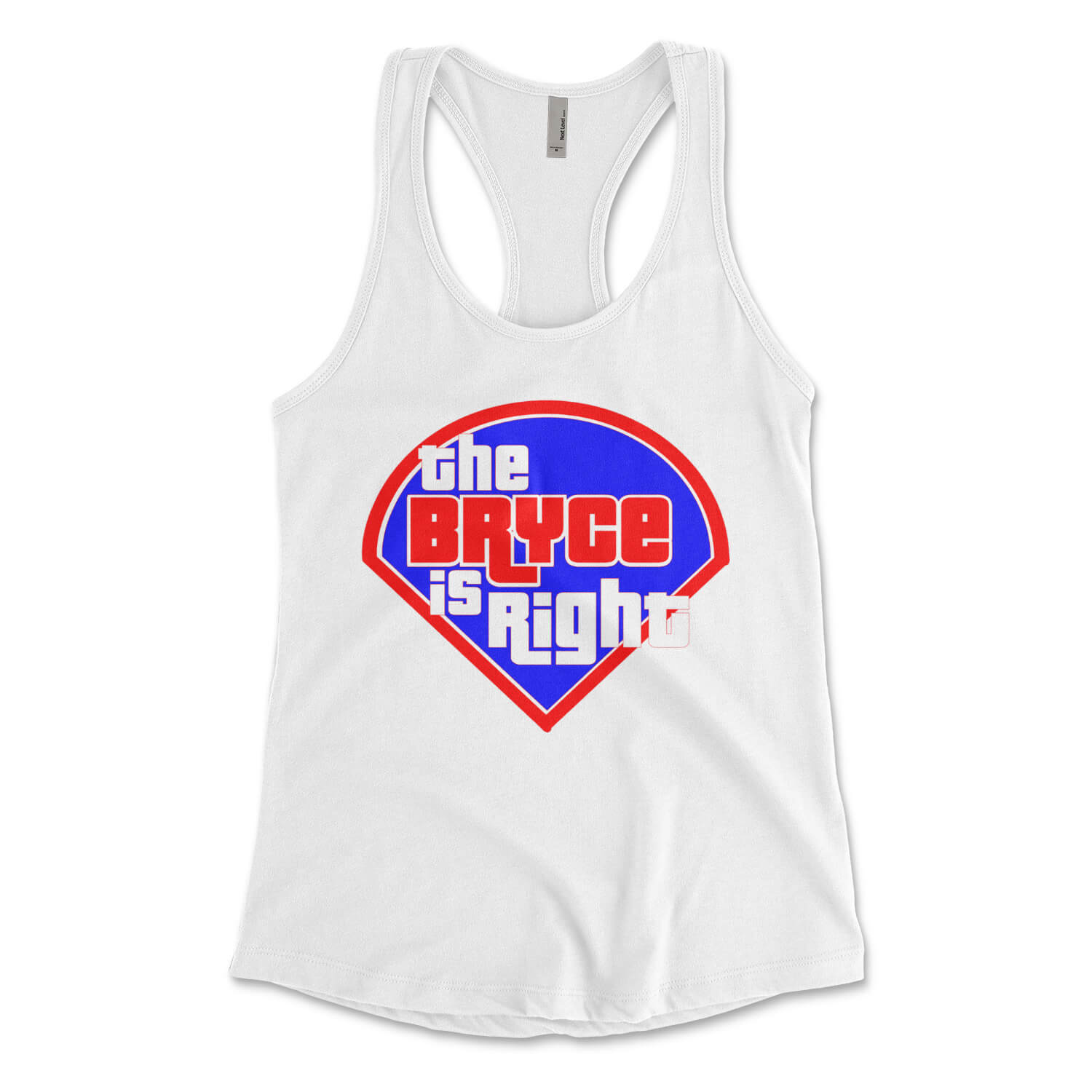 Philadelphia Phillies Bryce Harper the Bryce Is Right womens white racerback tank top from Phillygoat