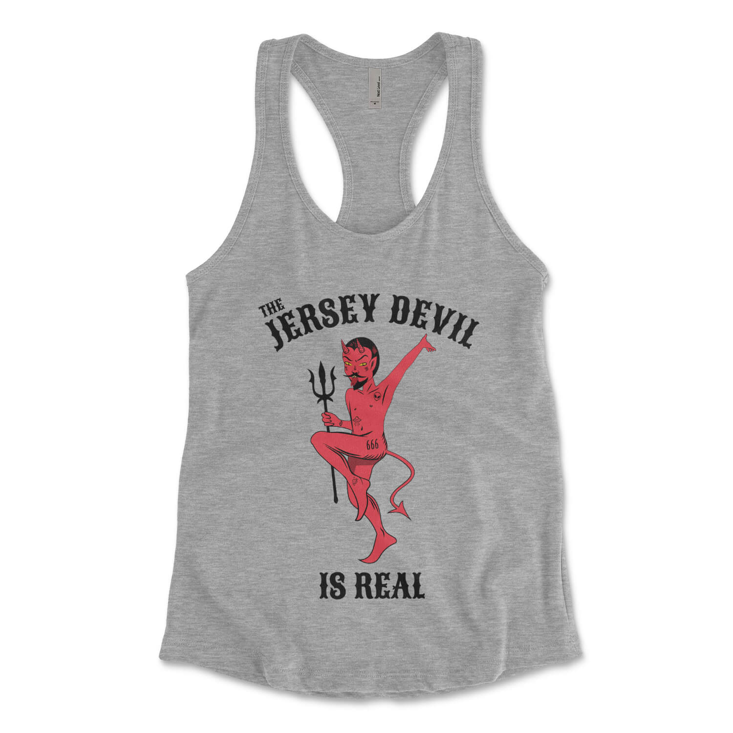 The Jersey Devil Is Real womens heather grey racerback tank top from Phillygoat