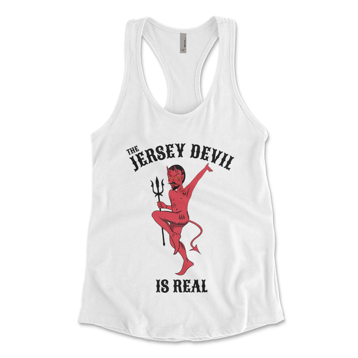The Jersey Devil Is Real womens white racerback tank top from Phillygoat