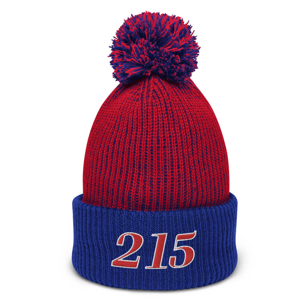 philadelphia 215 area code pom pom red white and blue knit hat from phillygoat