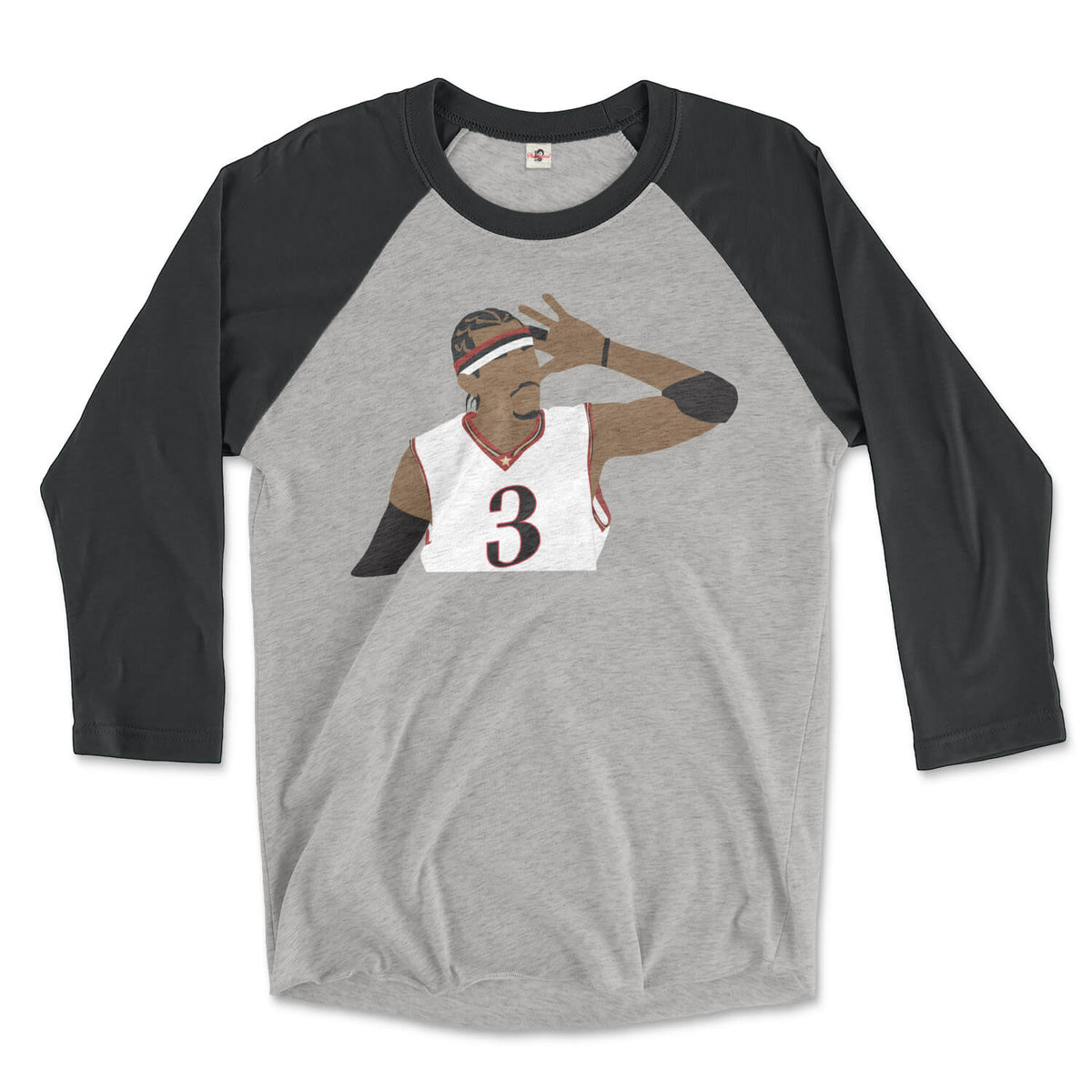 Philadelphia 76ers Allen Iverson the Answer on a vintage black and premium heather grey raglan tee from Phillygoat