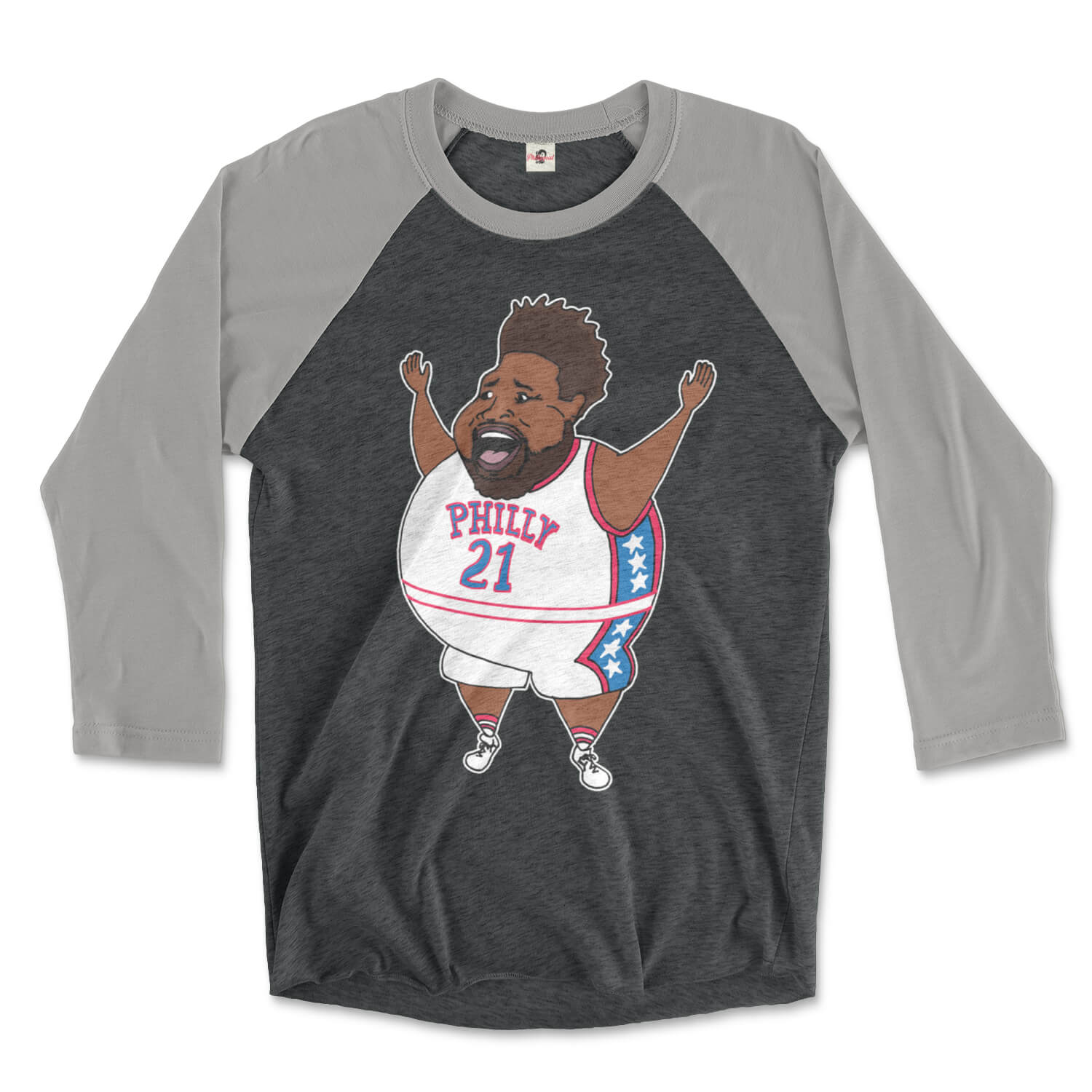 Philadelphia 76ers funny fat Joel Embiid cartoon on a vintage black and heather grey triblend raglan tee from Phillygoat
