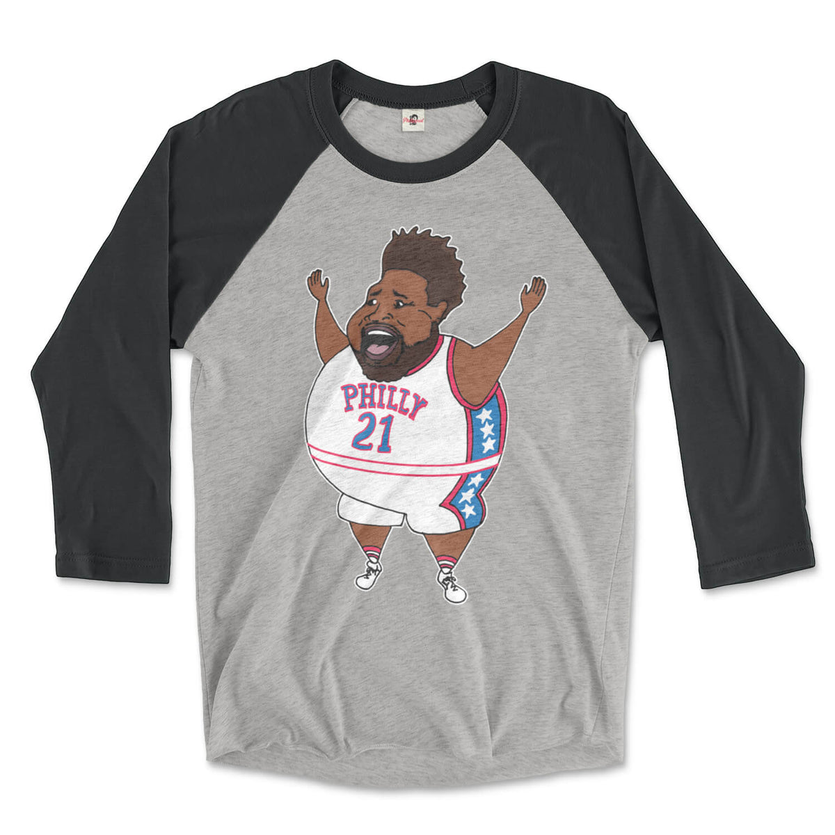 Philadelphia 76ers funny fat Joel Embiid cartoon on a vintage black and heather grey triblend raglan tee from Phillygoat