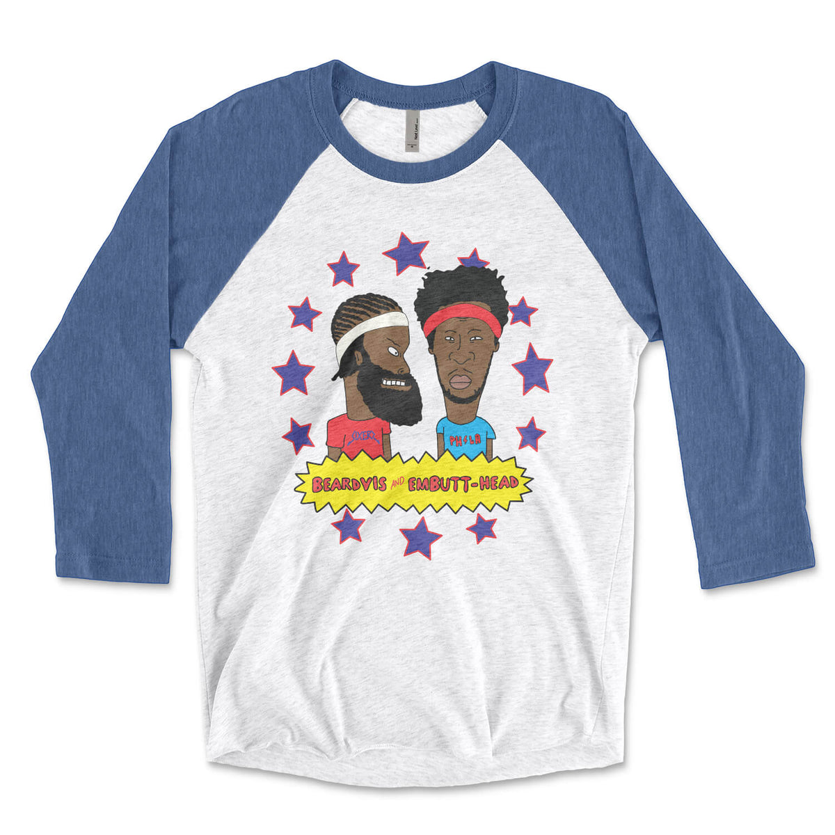 Philadelphia 76ers James Harden Joel Embiid Beavis Butthead blue and white raglan tee from Phillygoat