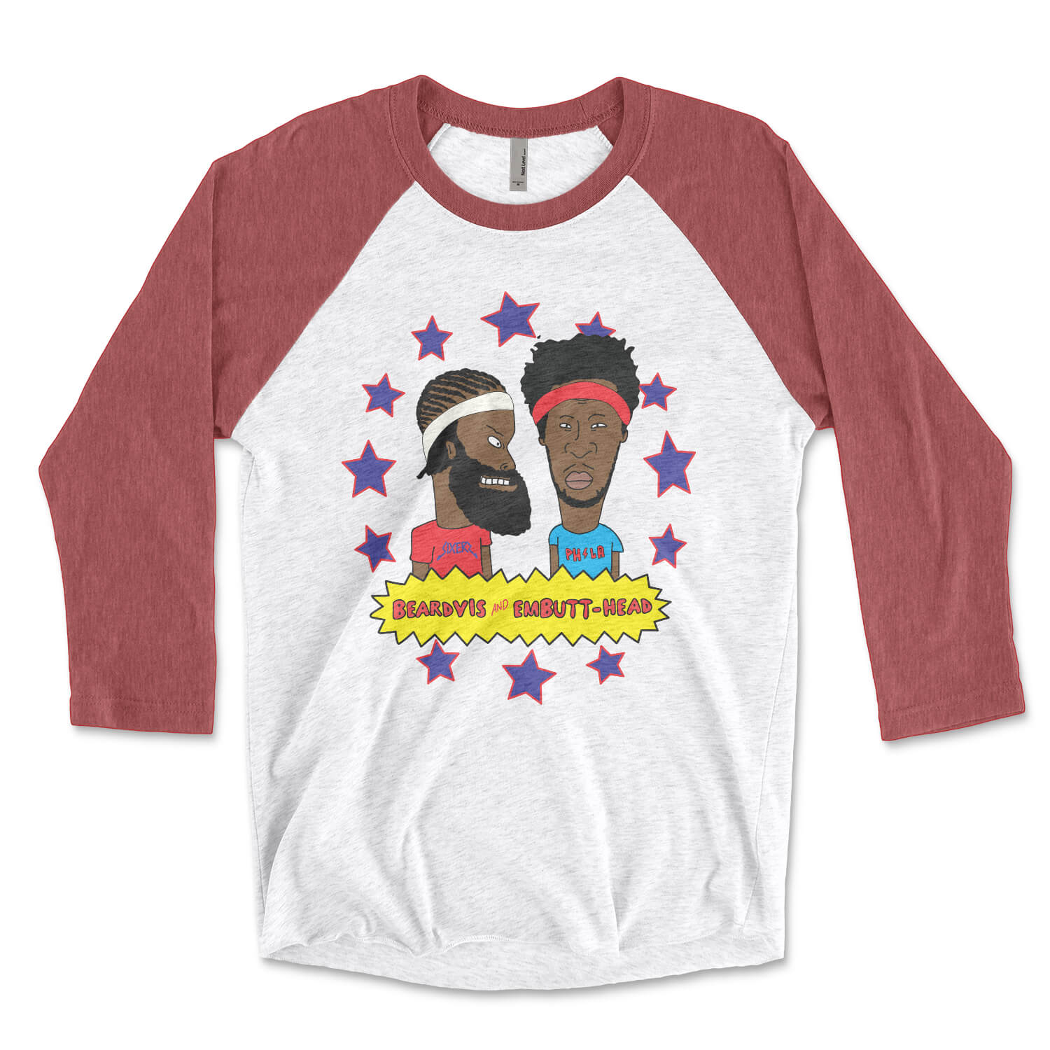 Philadelphia 76ers James Harden Joel Embiid Beavis Butthead red and white raglan tee from Phillygoat