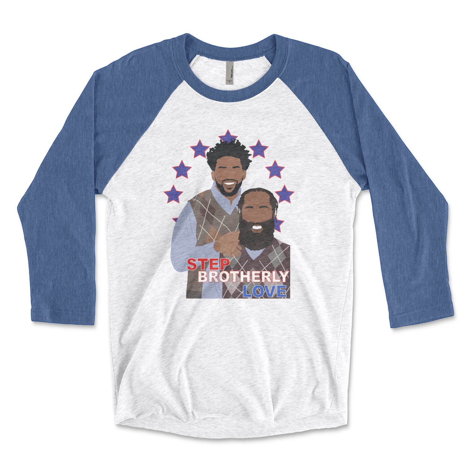 Philadelphia 76ers Joel Embiid & James Harden Step Brothers Sixers blue & white raglan t-shirt from Phillygoat