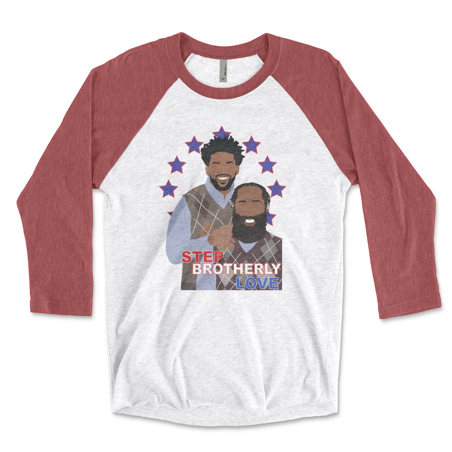 Philadelphia 76ers Joel Embiid & James Harden Step Brothers Sixers red & white raglan t-shirt from Phillygoat
