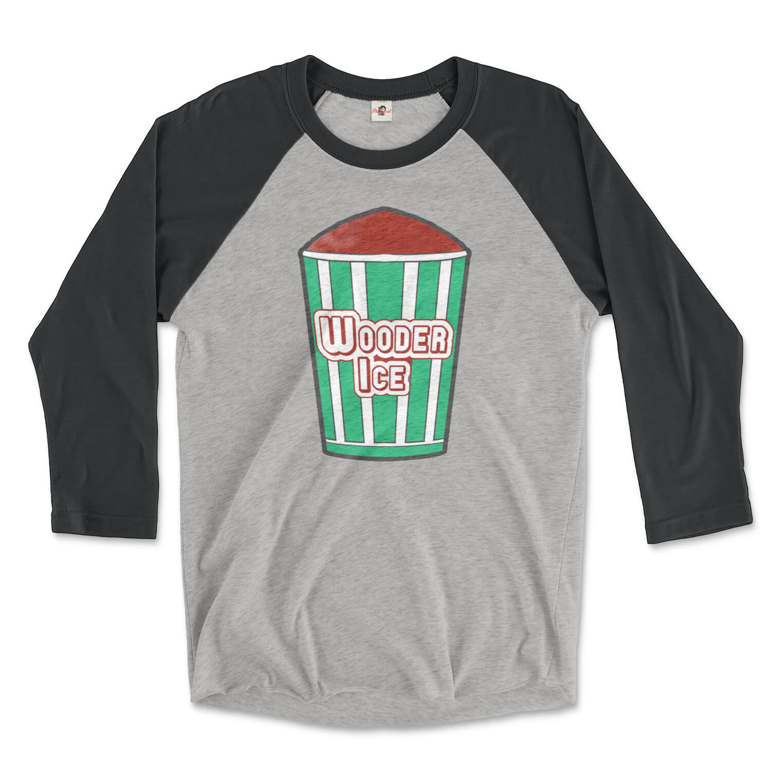 Philadelphia philly cherry italian water wooder ice design on a vintage black and premium heather grey raglan tee from Phillygoat 