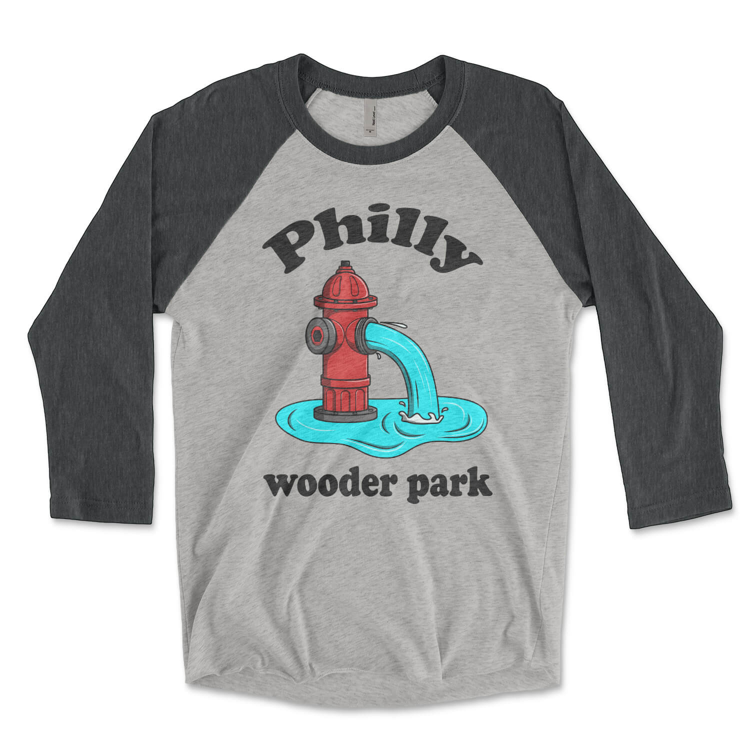 Philadelphia fire hydrant philly wooder park on a grey and black raglan tee shirt from Phillygoat