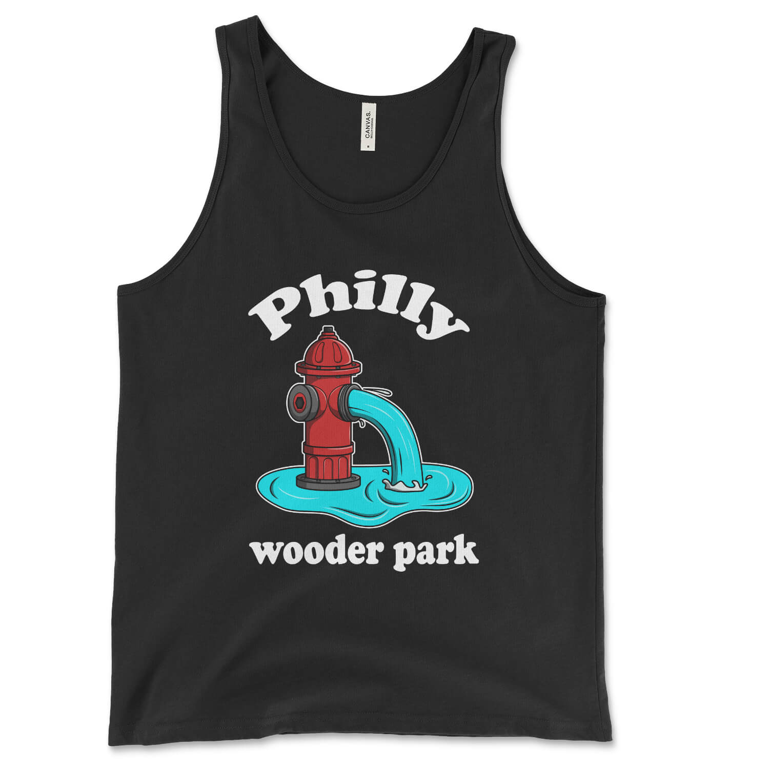 Philadelphia fire hydrant Philly wooder park on a black tank top from Phillygoat