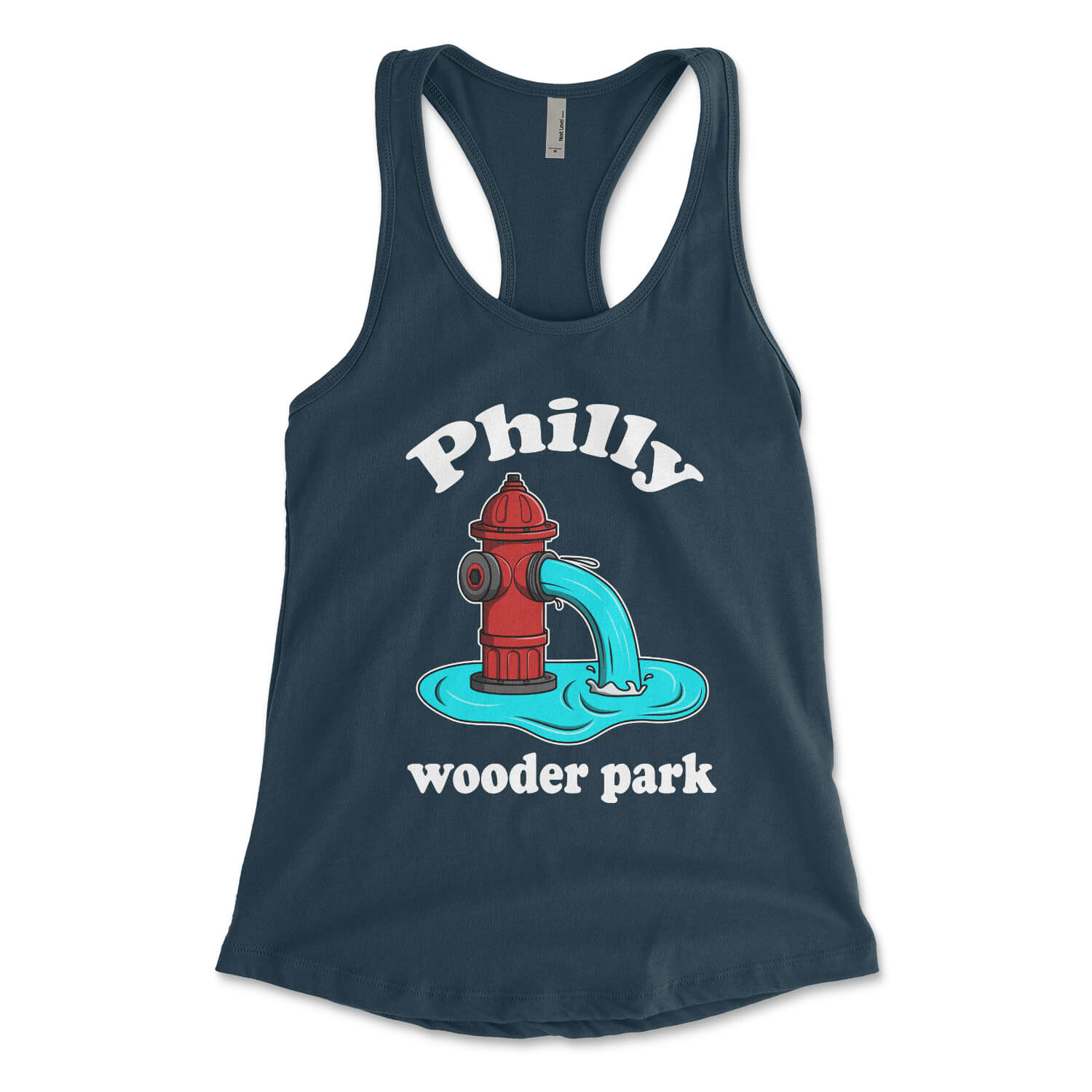 Philadelphia fire hydrant Philly wooder park on a navy blue womens racerback tank top from Phillygoat