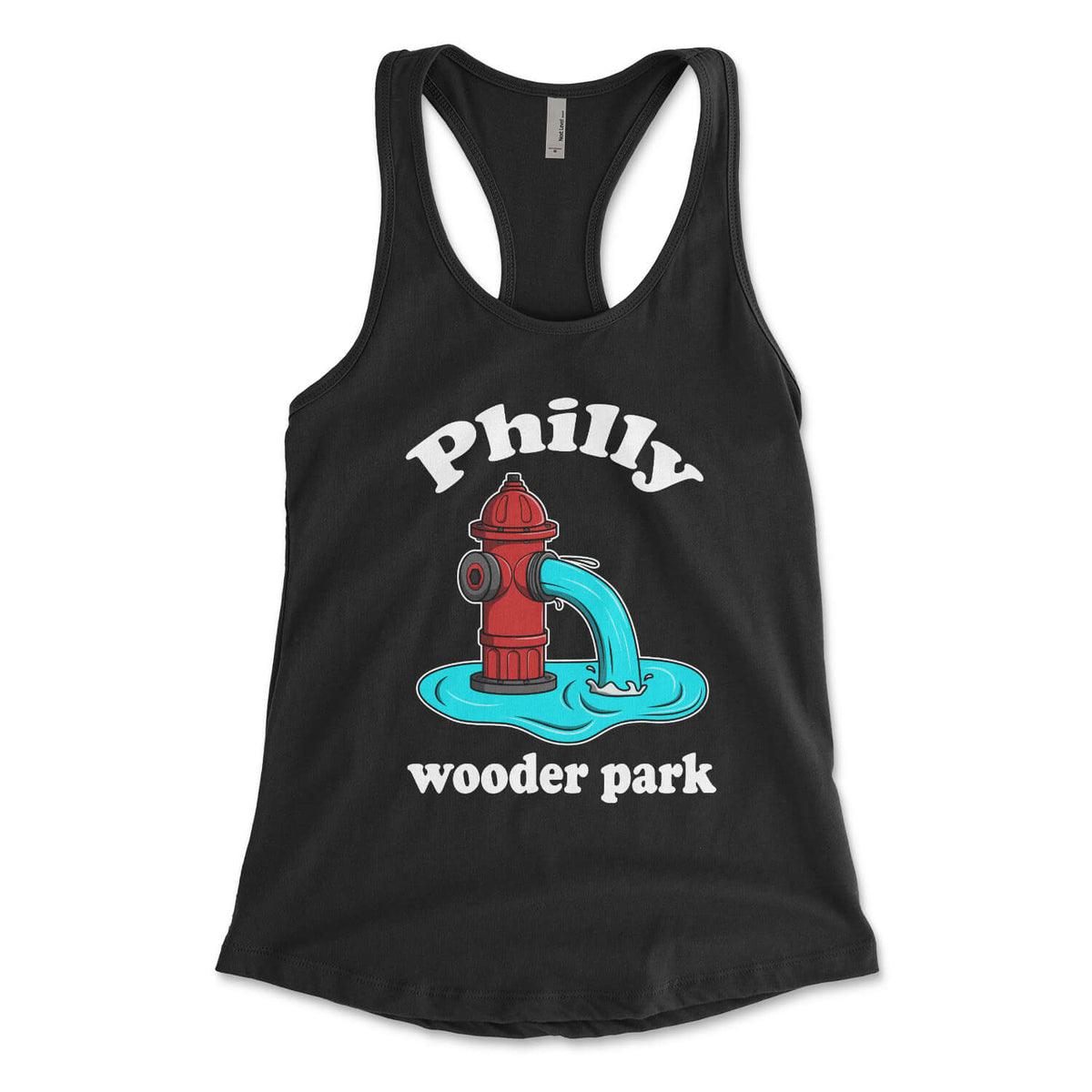Philadelphia fire hydrant Philly wooder park on a black womens racerback tank top from Phillygoat