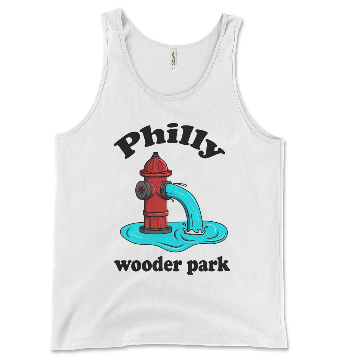 Philadelphia fire hydrant Philly wooder park on a white tank top from Phillygoat