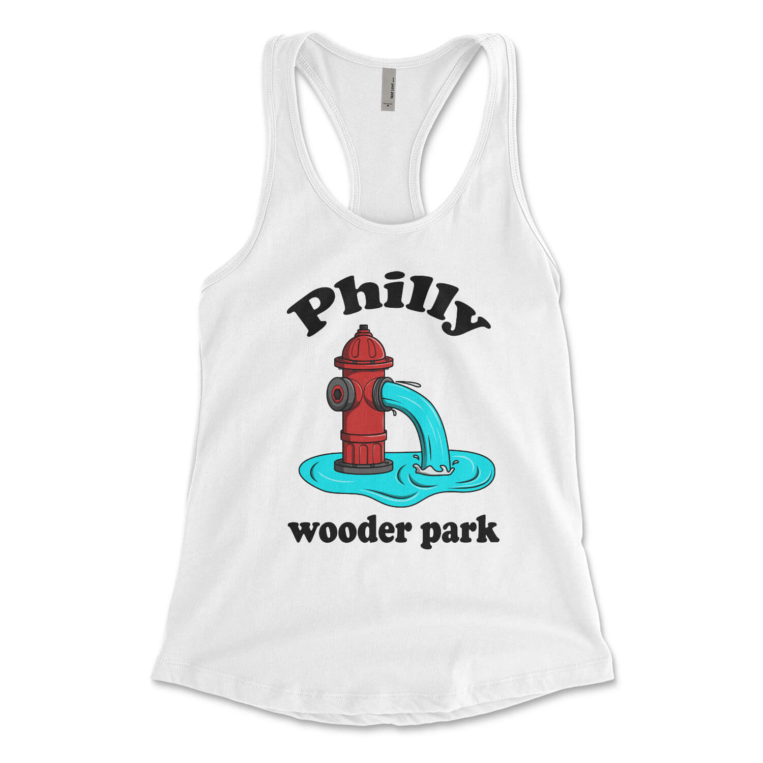 Philadelphia fire hydrant Philly wooder park on a white womens racerback tank top from Phillygoat
