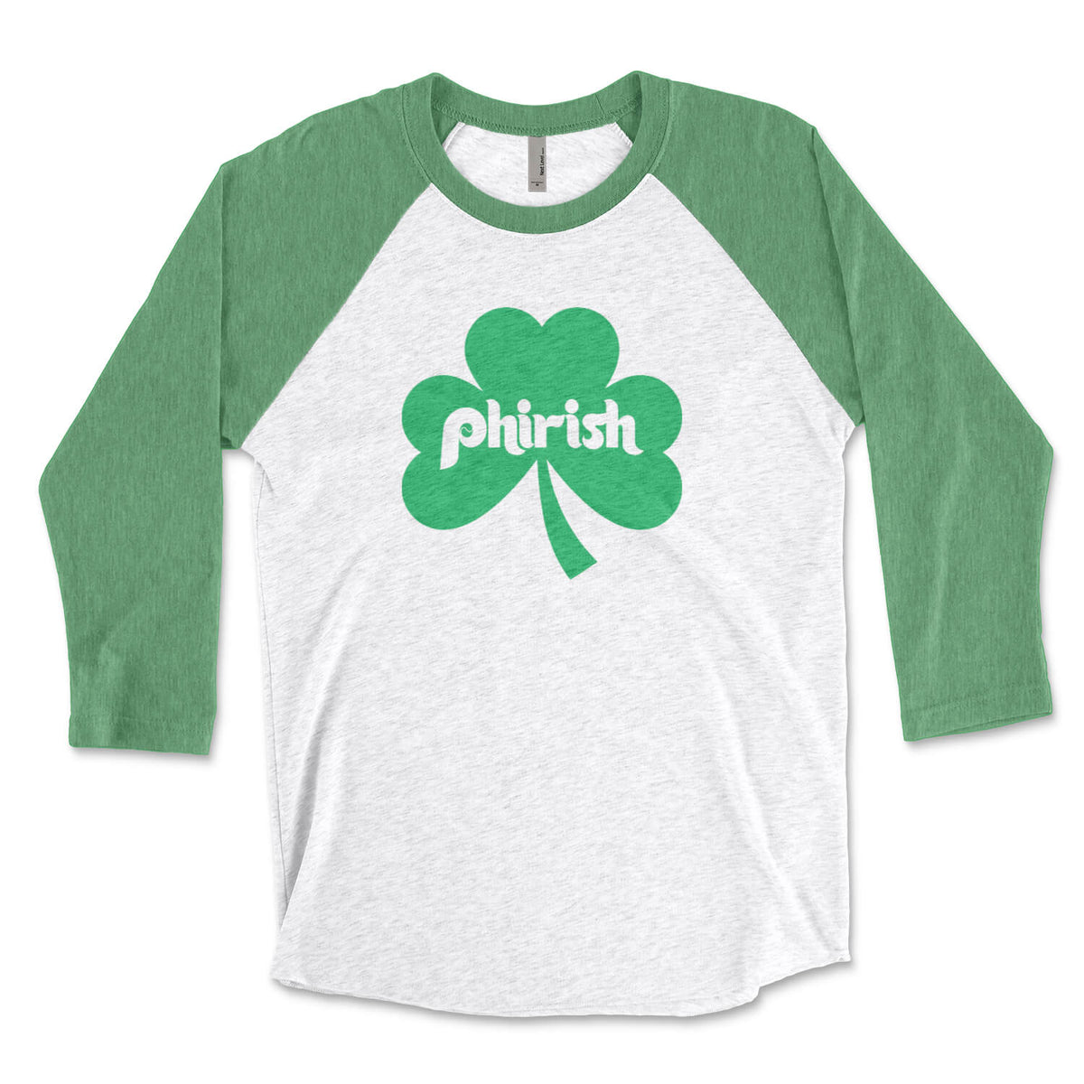 Philadelphia Irish Phirish shamrock St. Paddy&#39;s Day green and white raglan tee shirt from Phillygoat