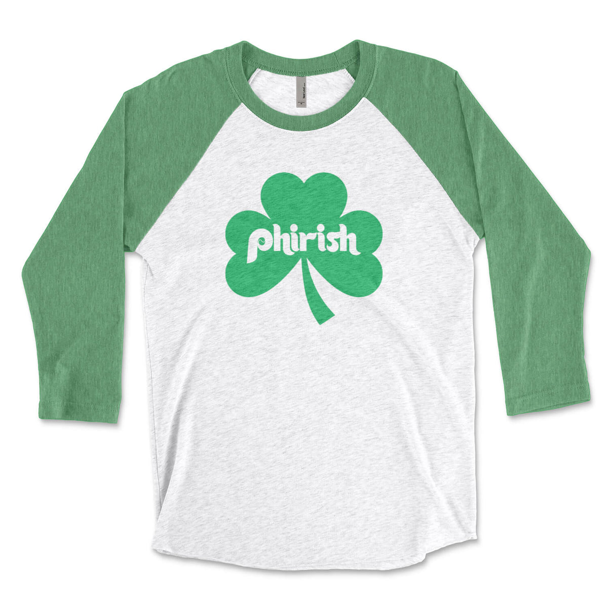 Philadelphia Irish Phirish shamrock St. Paddy's Day green and white raglan tee shirt from Phillygoat