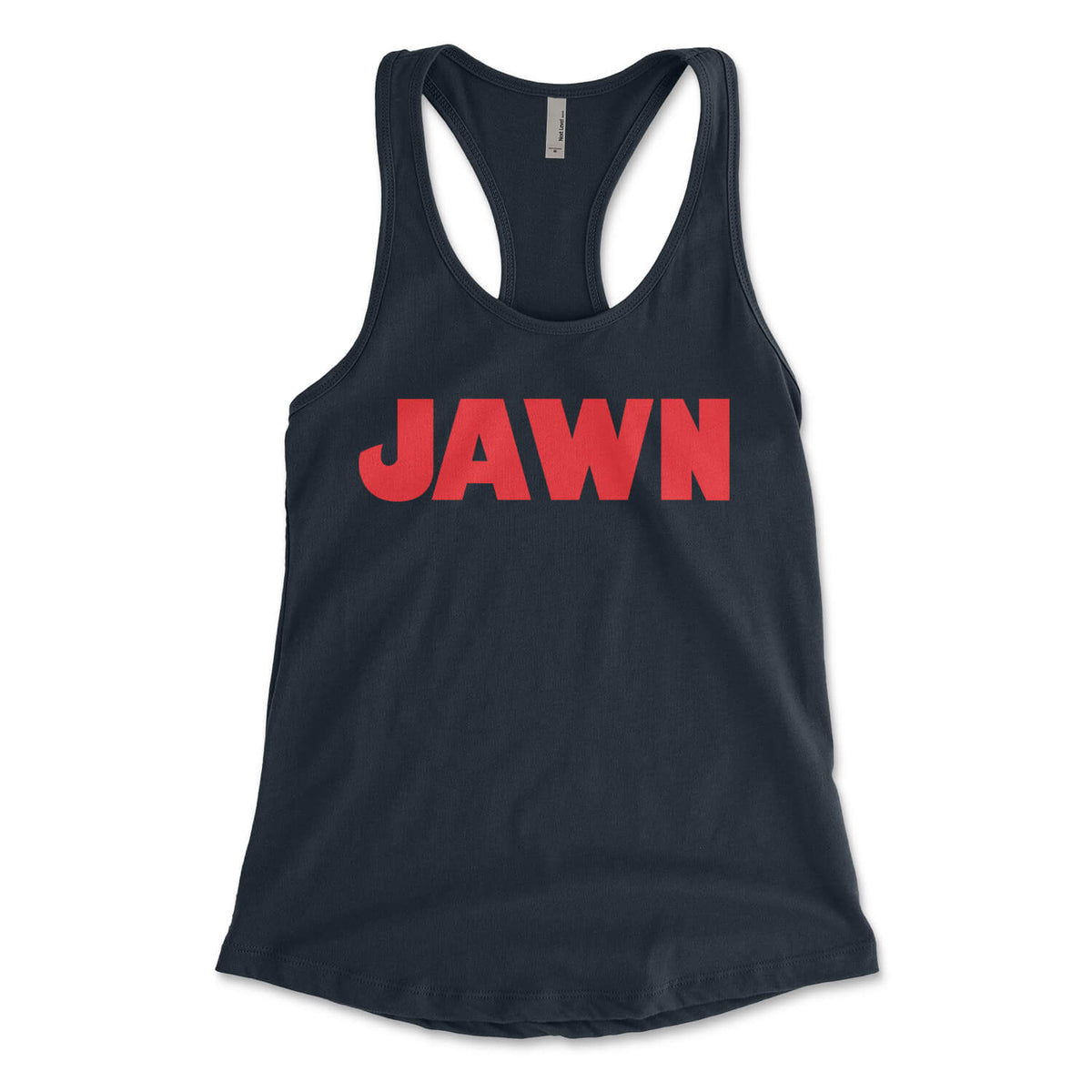 Philadelphia jawn Jaws design on a midnight navy blue womens racerback tank top from Phillygoat
