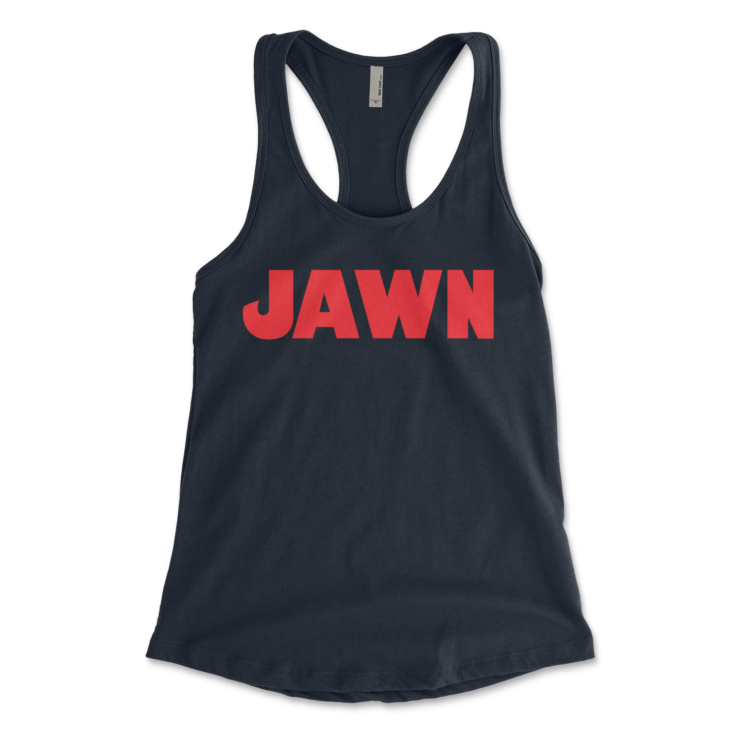 Philadelphia jawn Jaws design on a midnight navy blue womens racerback tank top from Phillygoat