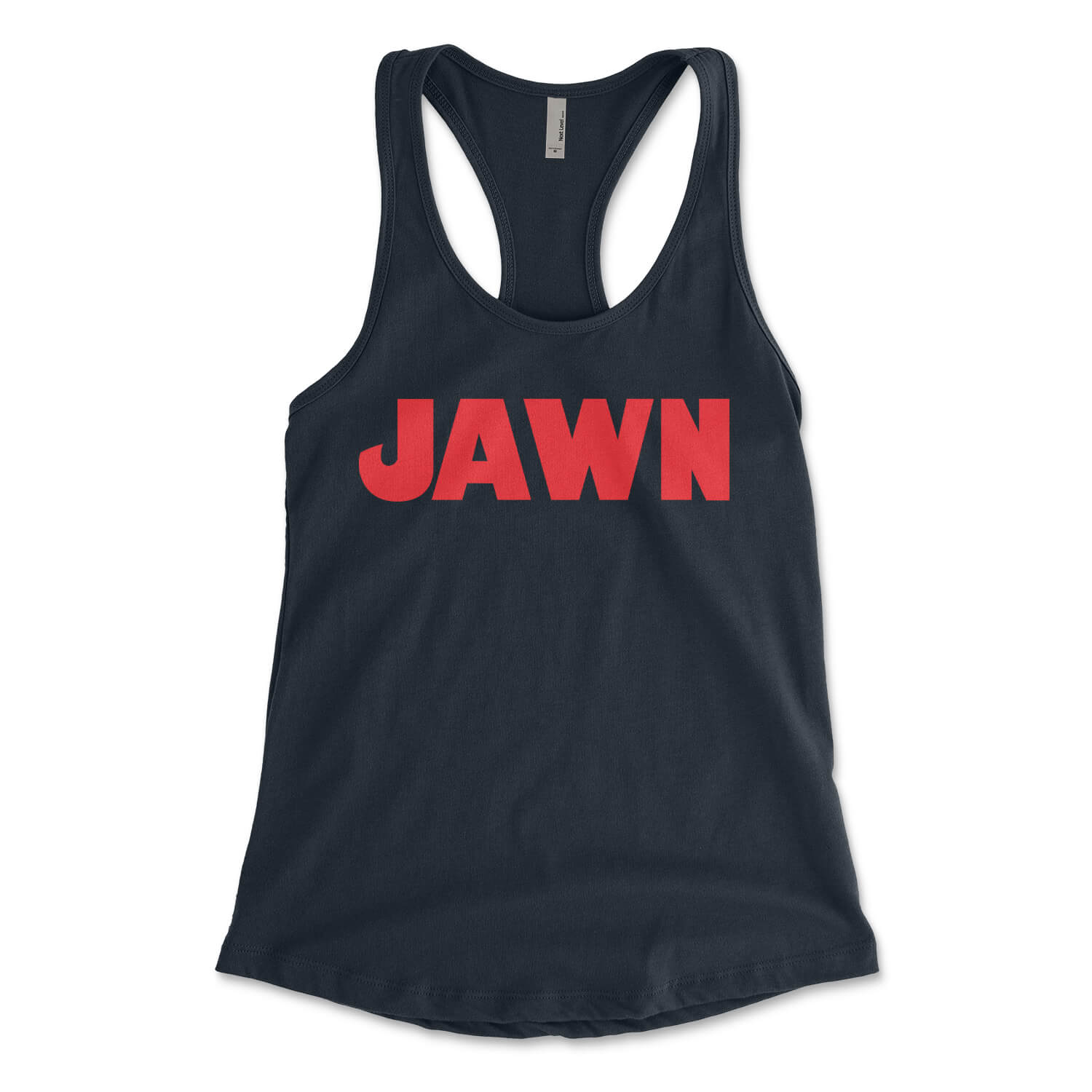 Philadelphia jawn Jaws design on a midnight navy blue womens racerback tank top from Phillygoat