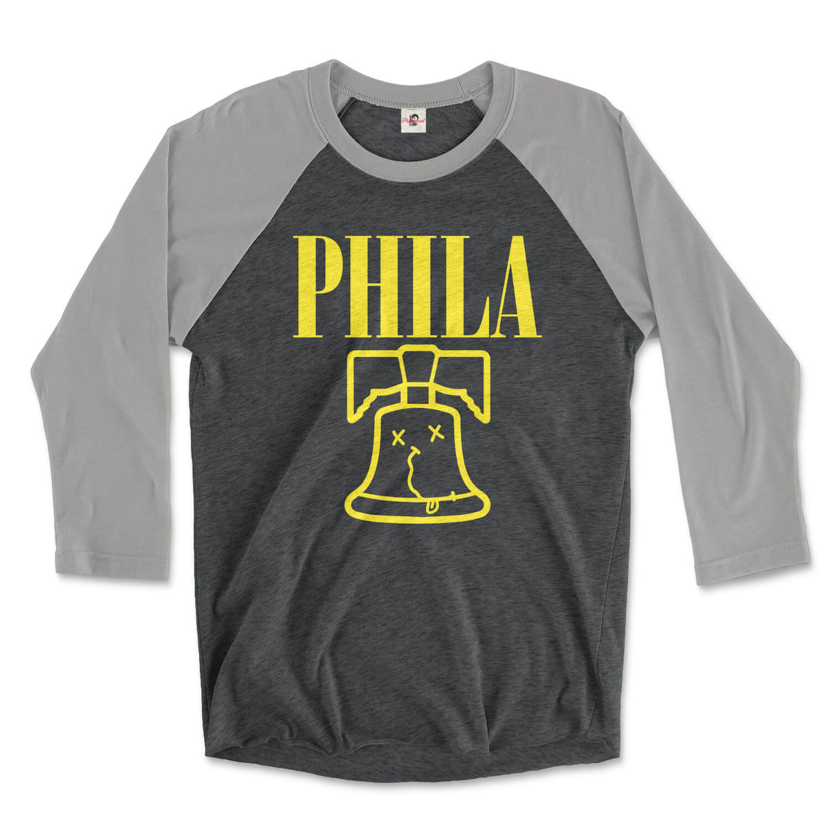 philadelphia nirvana logo design with phila over a liberty bell smiley face on a premium heather grey and vintage black 3/4 long sleeve raglan tee from phillygoat