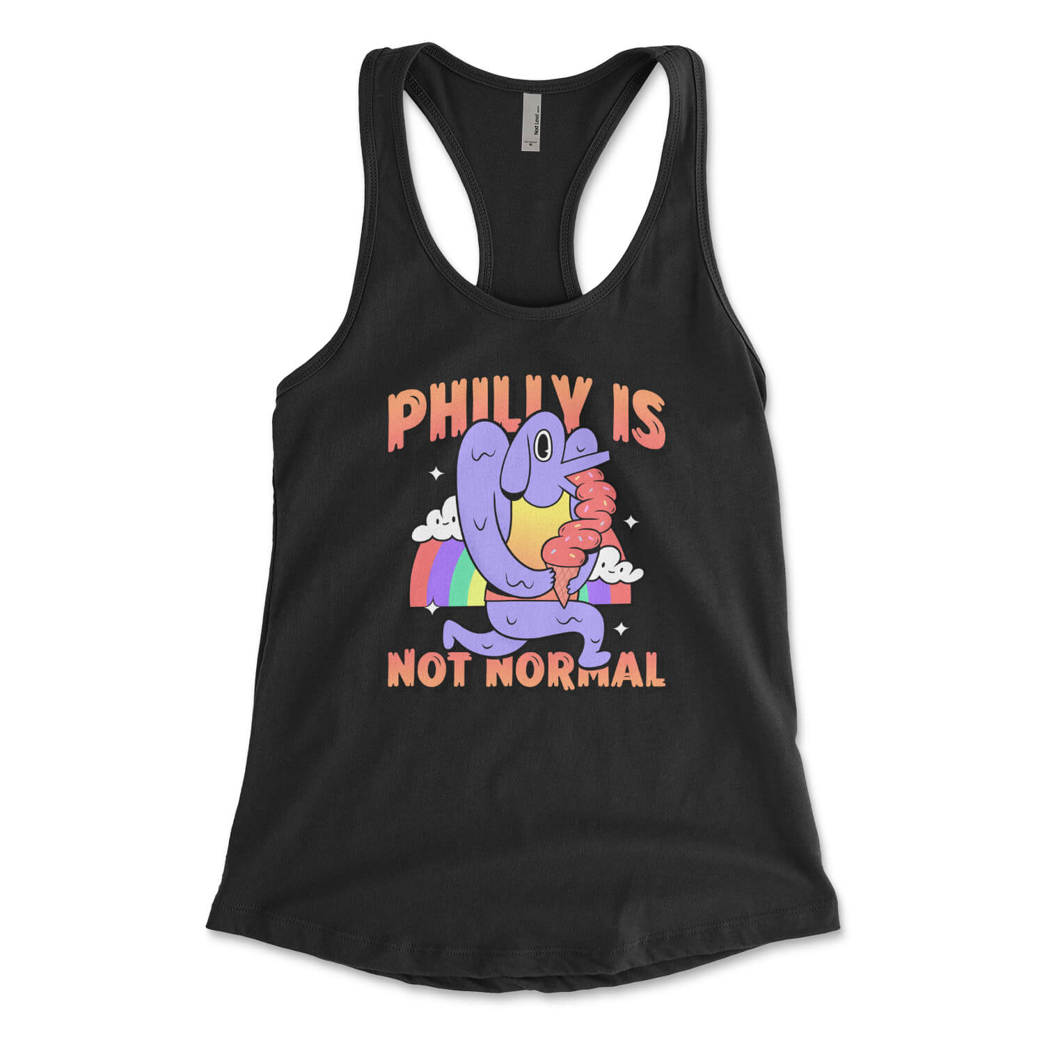 Philly is not normal dog licking ice cream in front of a rainbow design on a black womens racerback tank top from Phillygoat