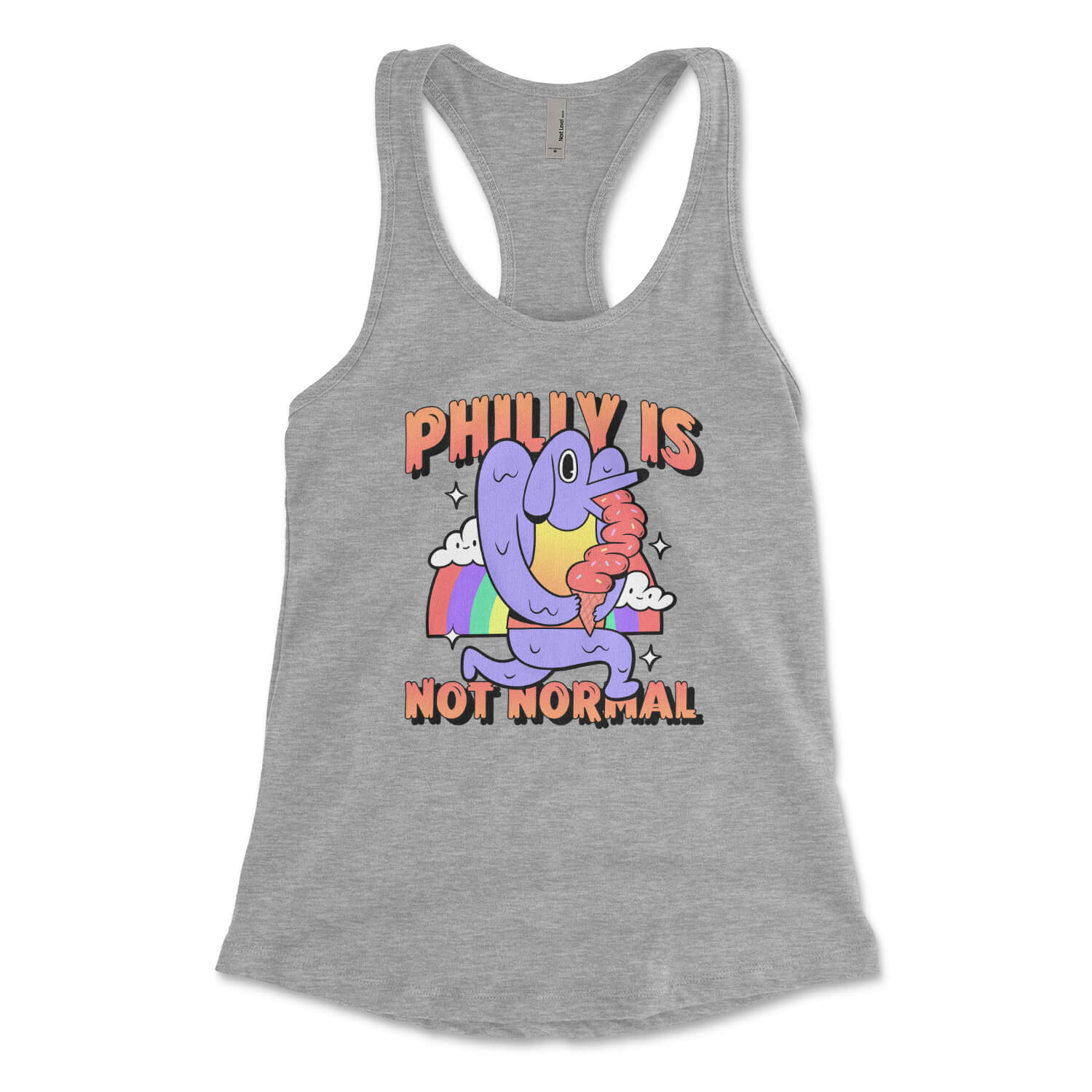 Philly is not normal dog licking ice cream in front of a rainbow design on a heather grey womens racerback tank top from Phillygoat