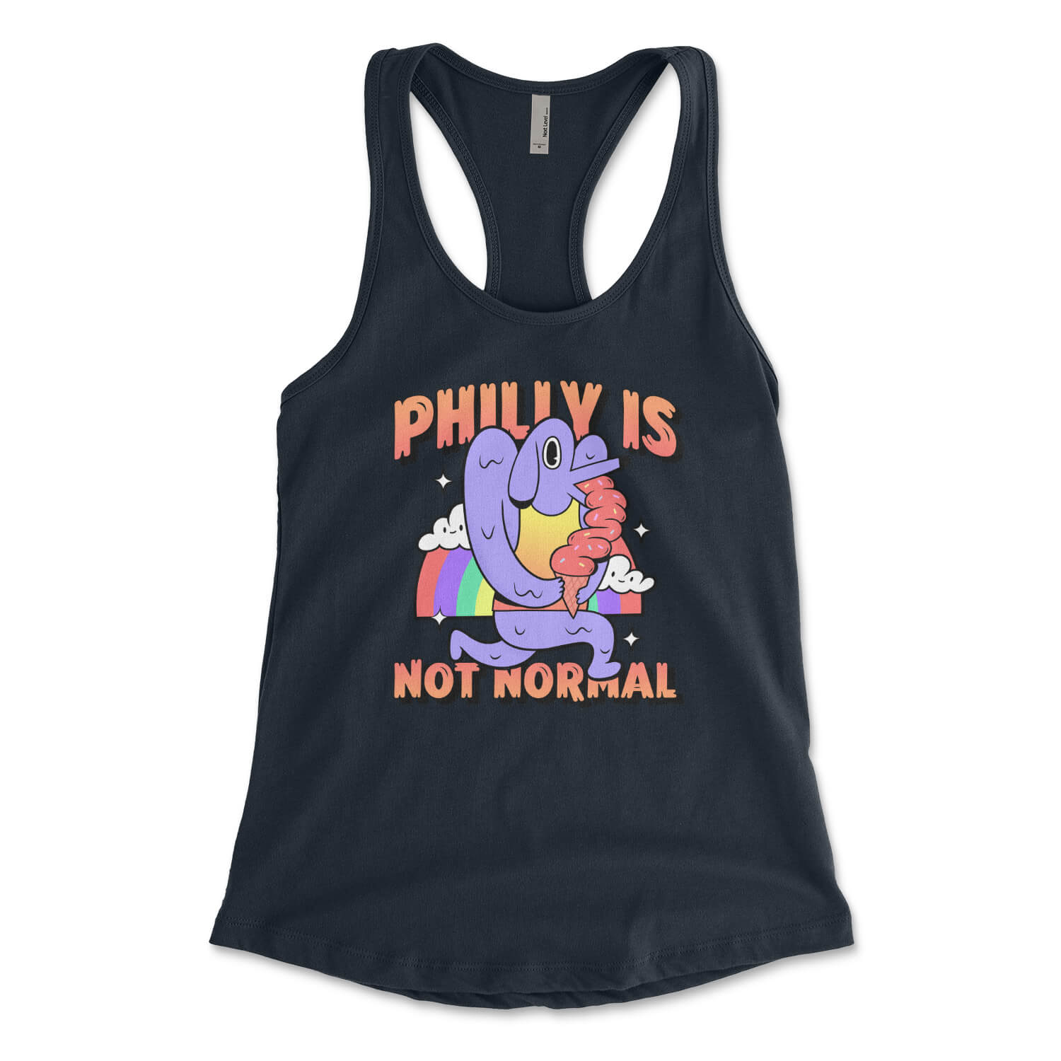 Philly is not normal dog licking ice cream in front of a rainbow design on a midnight navy blue womens racerback tank top from Phillygoat