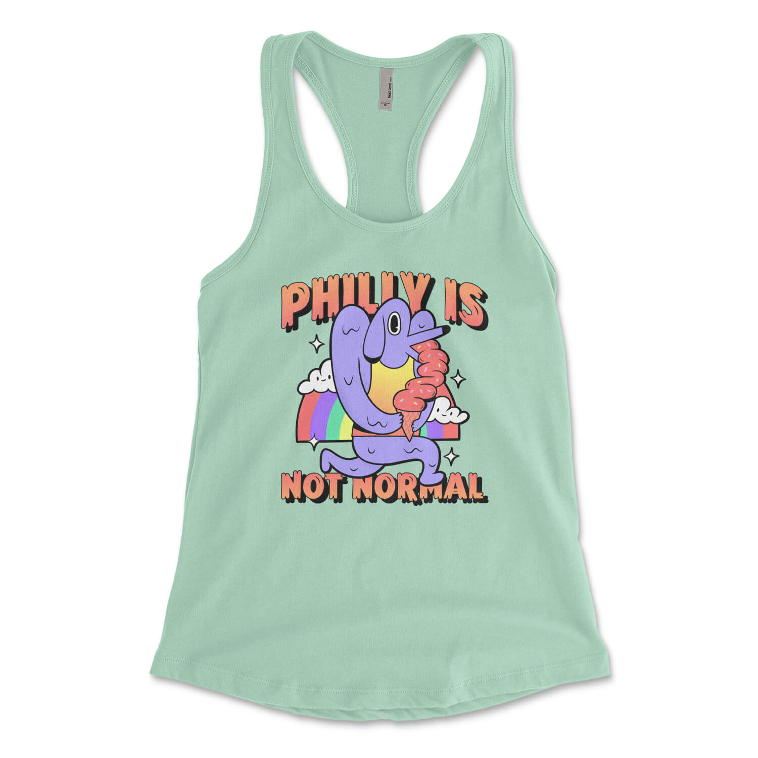 Philly is not normal dog licking ice cream in front of a rainbow design on a mint green womens racerback tank top from Phillygoat