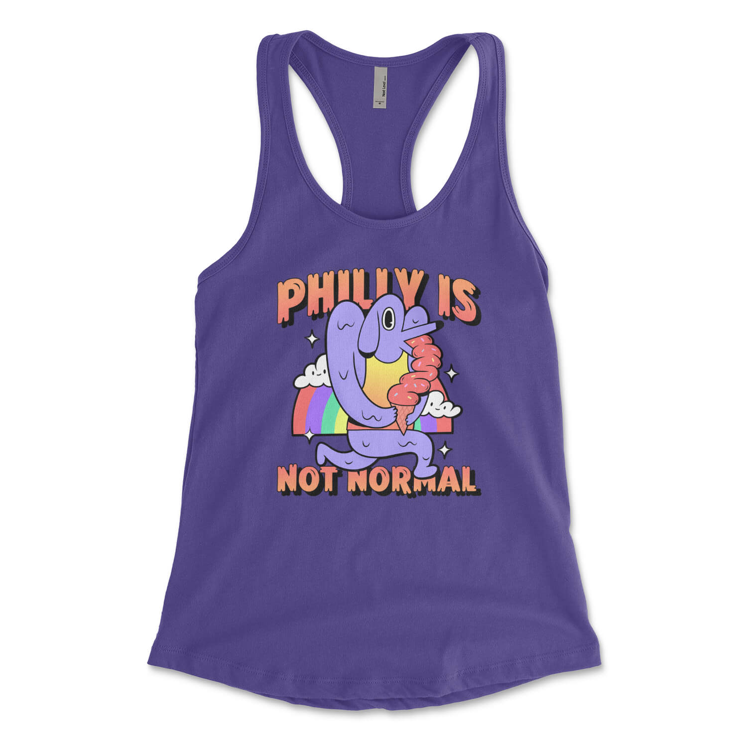 Philly is not normal dog licking ice cream in front of a rainbow design on a purple womens racerback tank top from Phillygoat