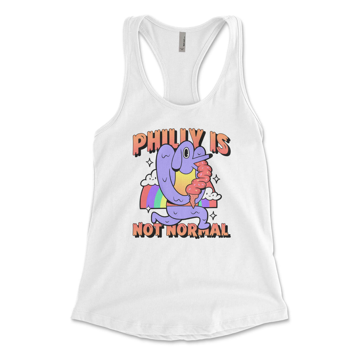 Philly is not normal dog licking ice cream in front of a rainbow design on a white womens racerback tank top from Phillygoat