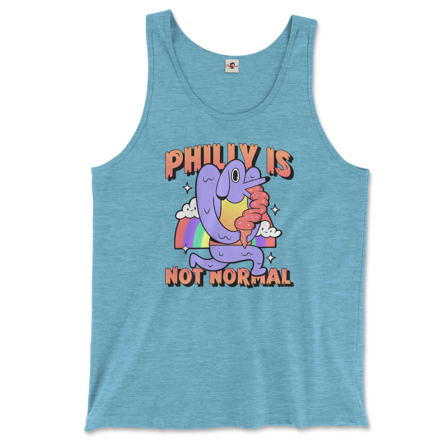 Philadelphia philly is not normal weird dog ice cream rainbow design on an aqua triblend tank top from Phillygoat