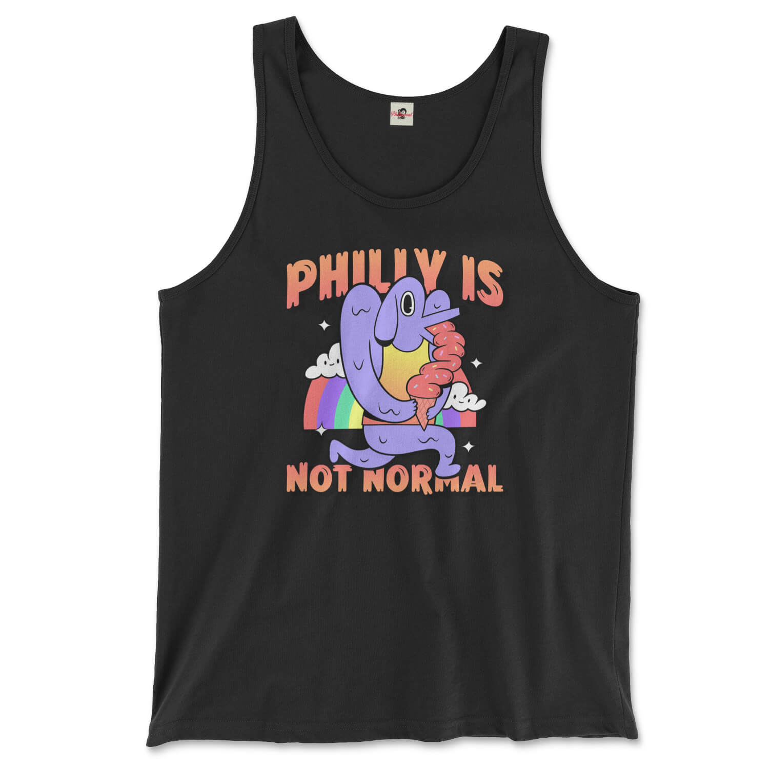 Philadelphia philly is not normal weird dog ice cream rainbow design on a black tank top from Phillygoat