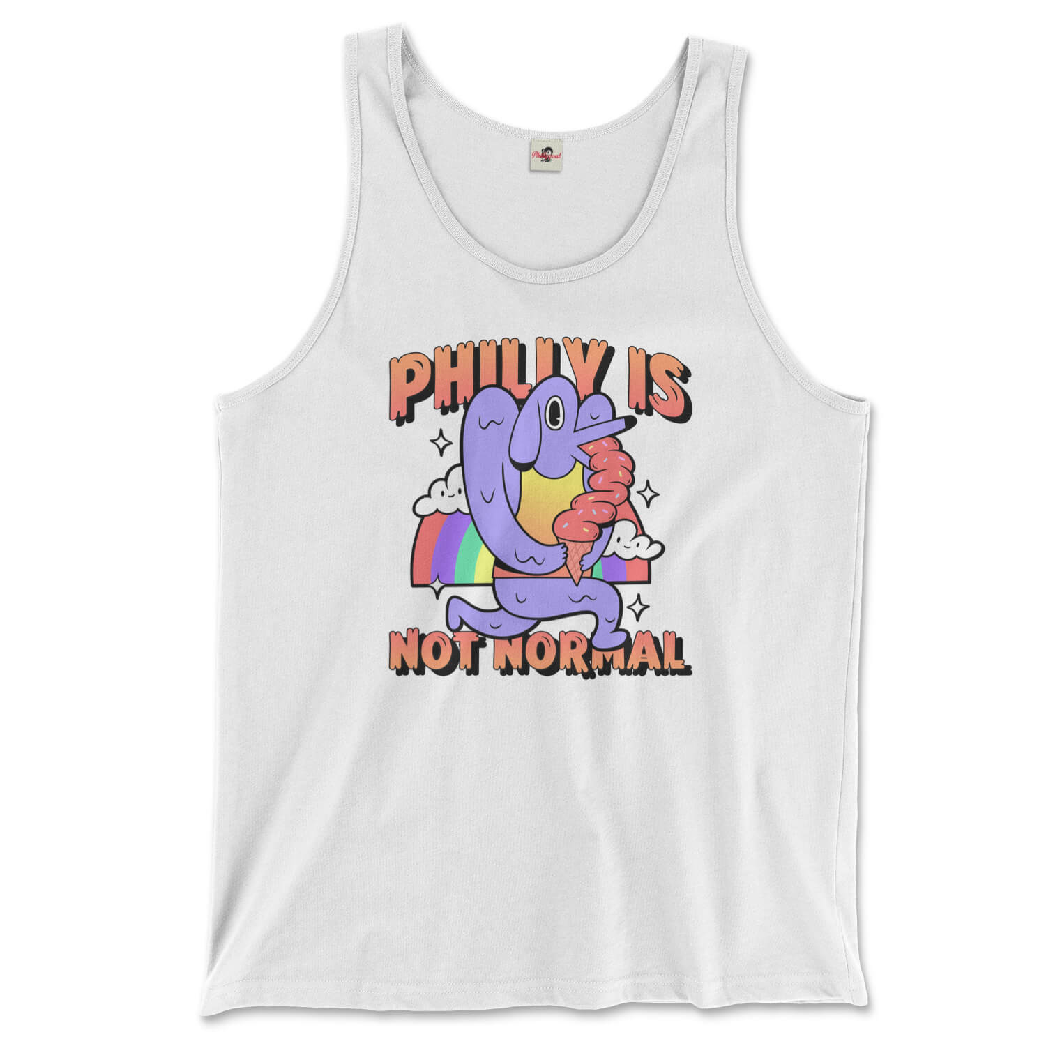 Philadelphia philly is not normal weird dog ice cream rainbow design on a white tank top from Phillygoat