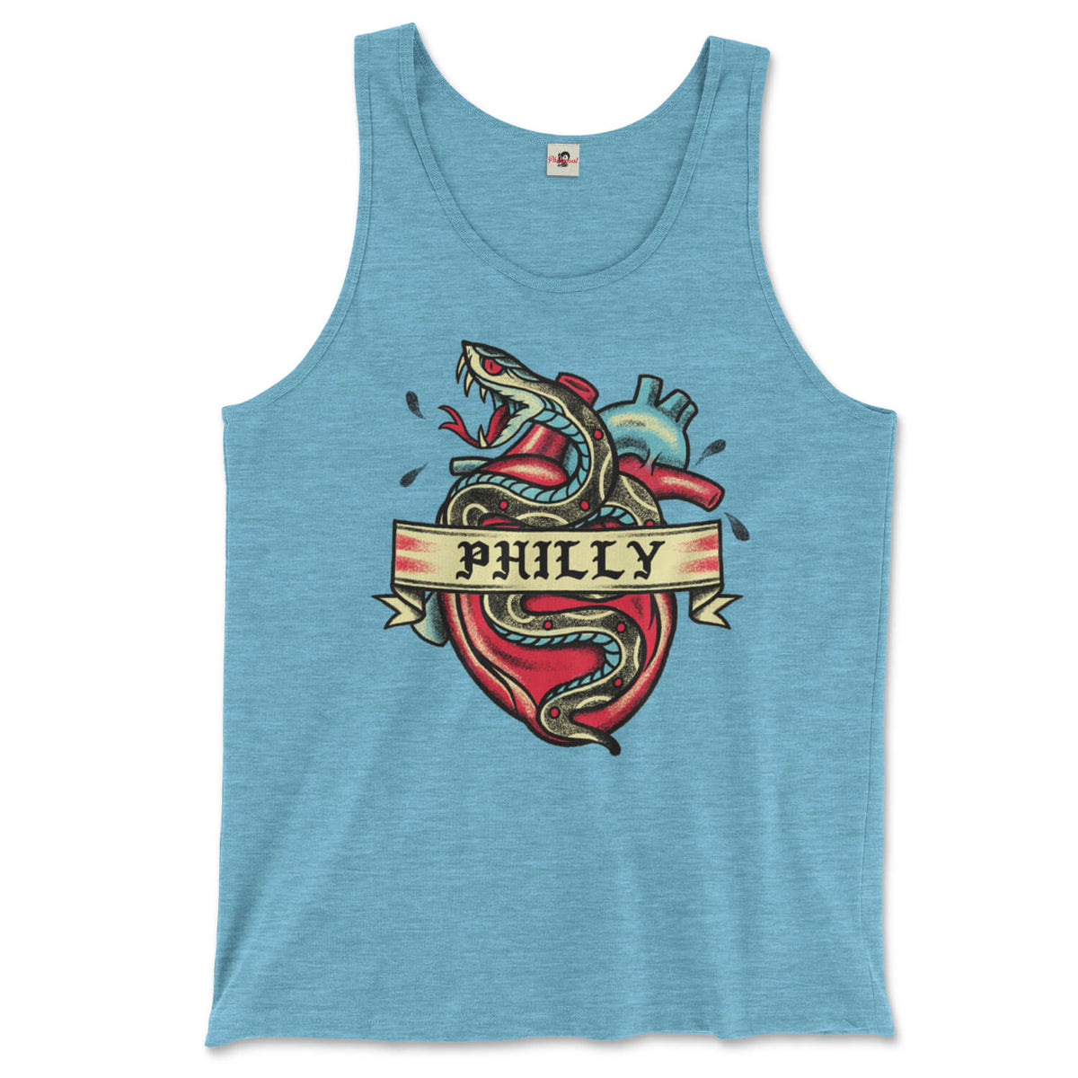 Philadelphia philly snake heart tattoo on an aqua triblend tank top from Phillygoat