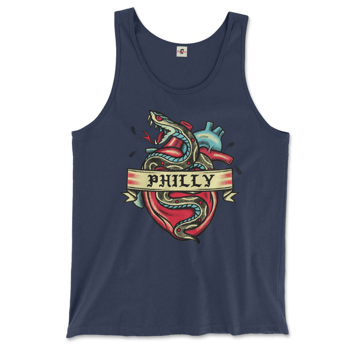 Philadelphia philly snake heart tattoo on a navy blue tank top from Phillygoat
