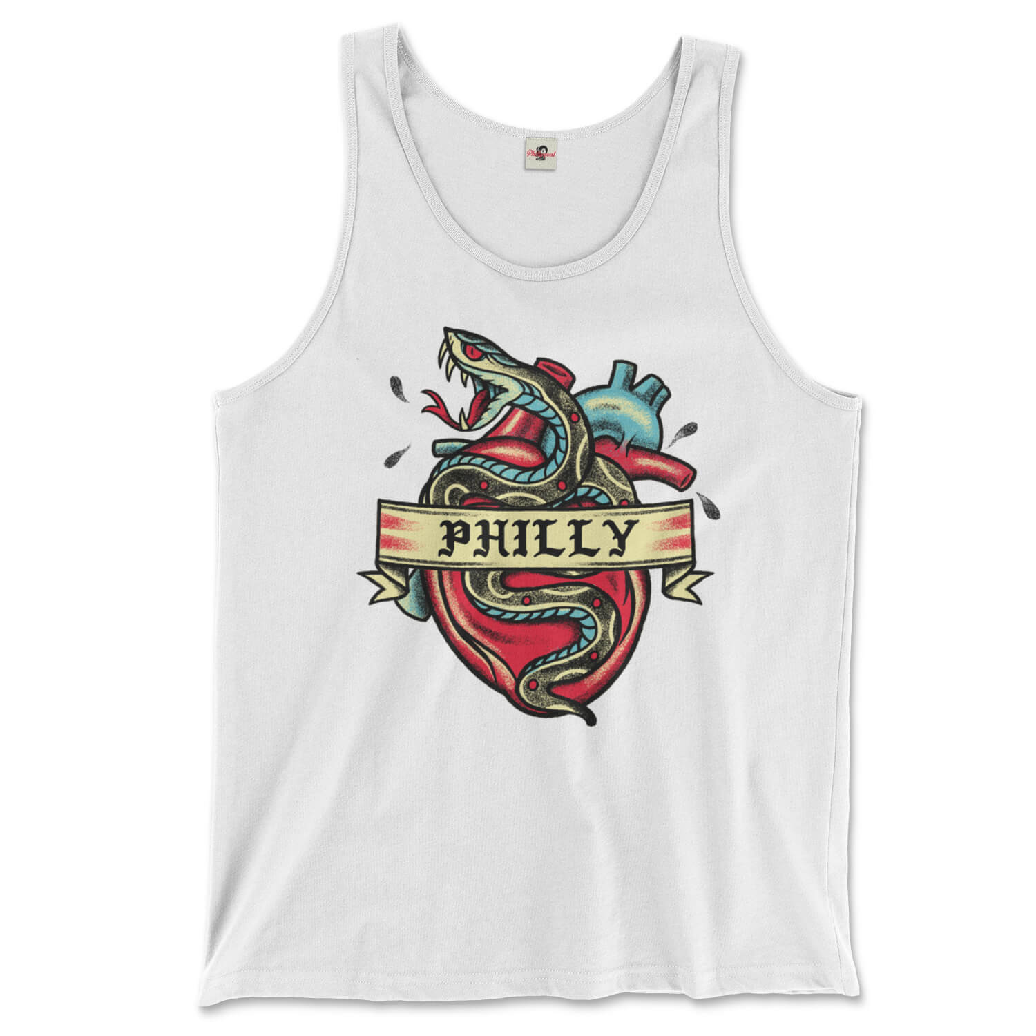 Philadelphia philly snake heart tattoo on awhite tank top from Phillygoat