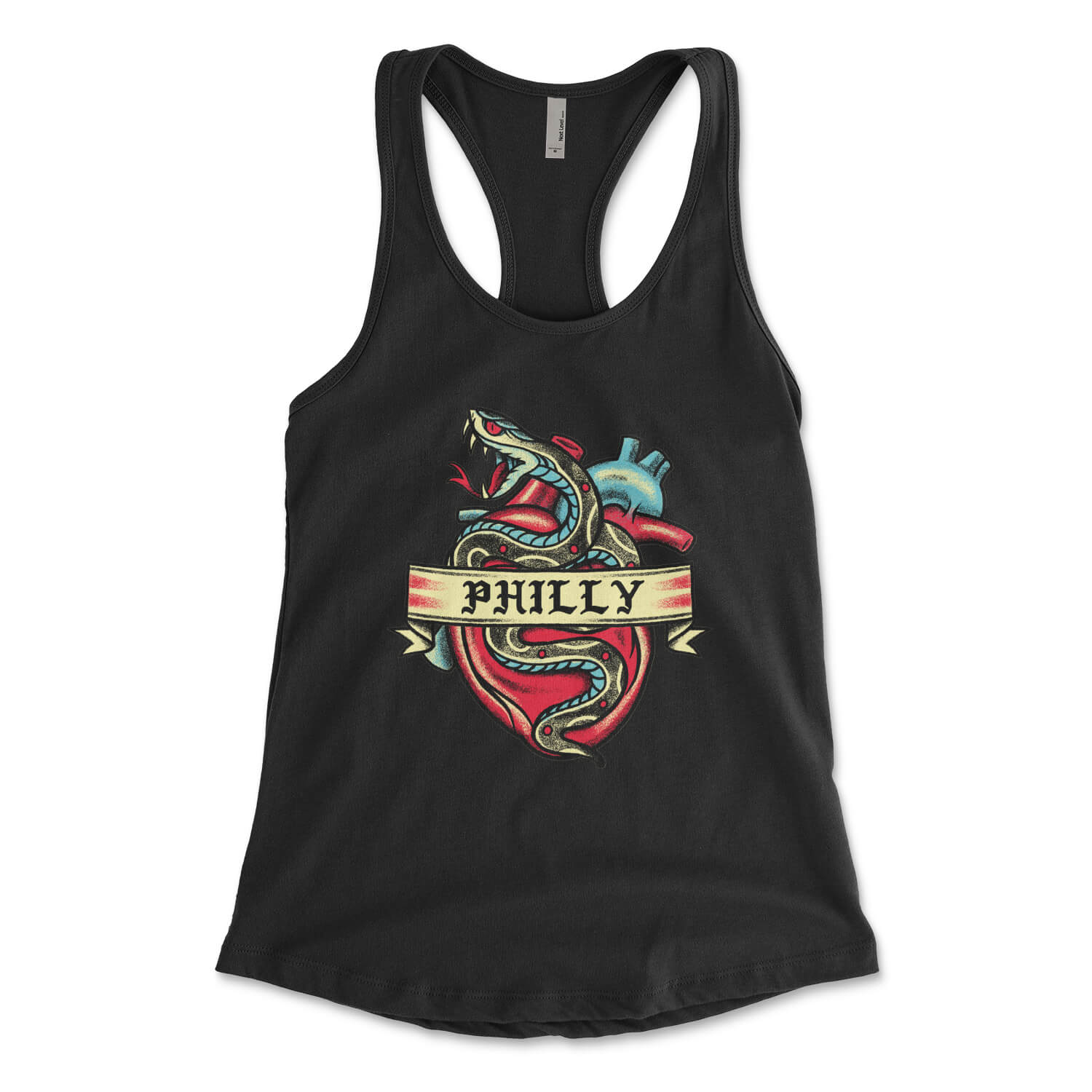 Philadelphia Philly snake tattoo on a black womens racerback tank top from Phillygoat