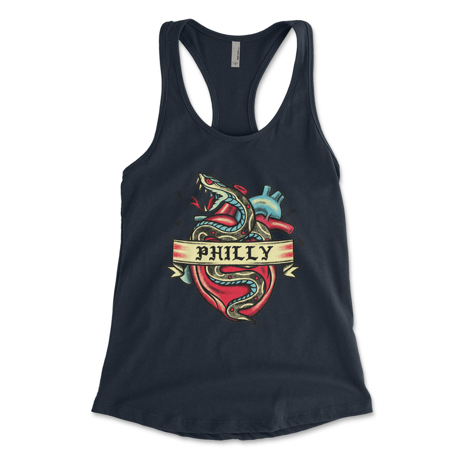 Philadelphia Philly snake tattoo on a midnight navy blue womens racerback tank top from Phillygoat