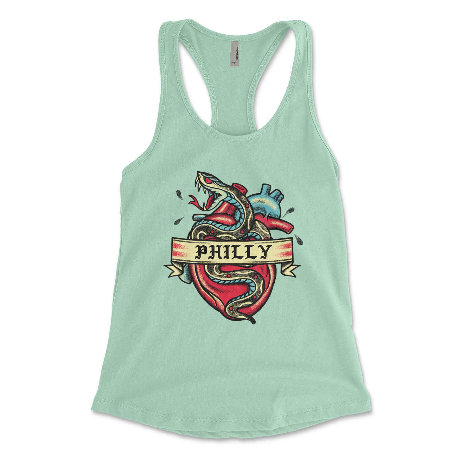 Philadelphia Philly snake tattoo on a mint green womens racerback tank top from Phillygoat
