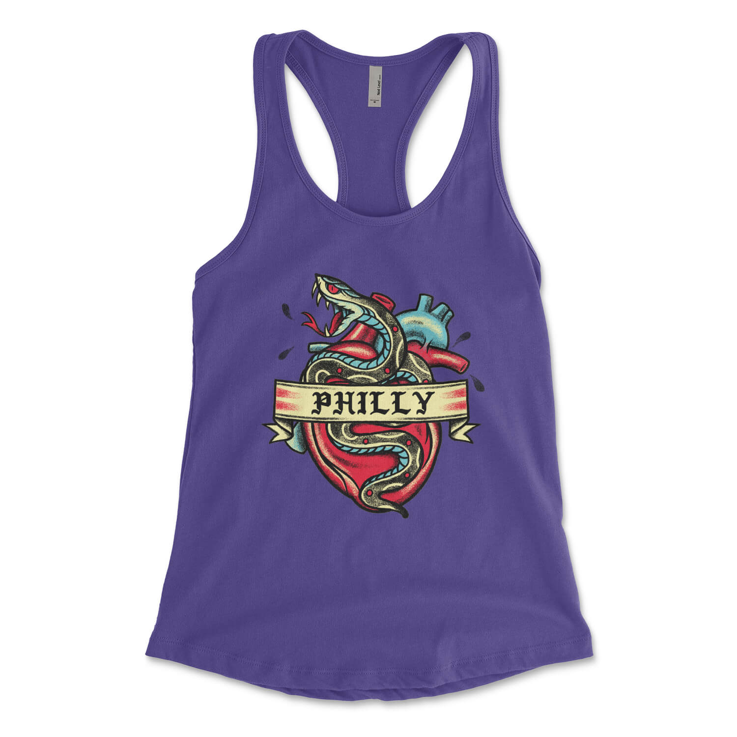 Philadelphia Philly snake tattoo on a purple womens racerback tank top from Phillygoat
